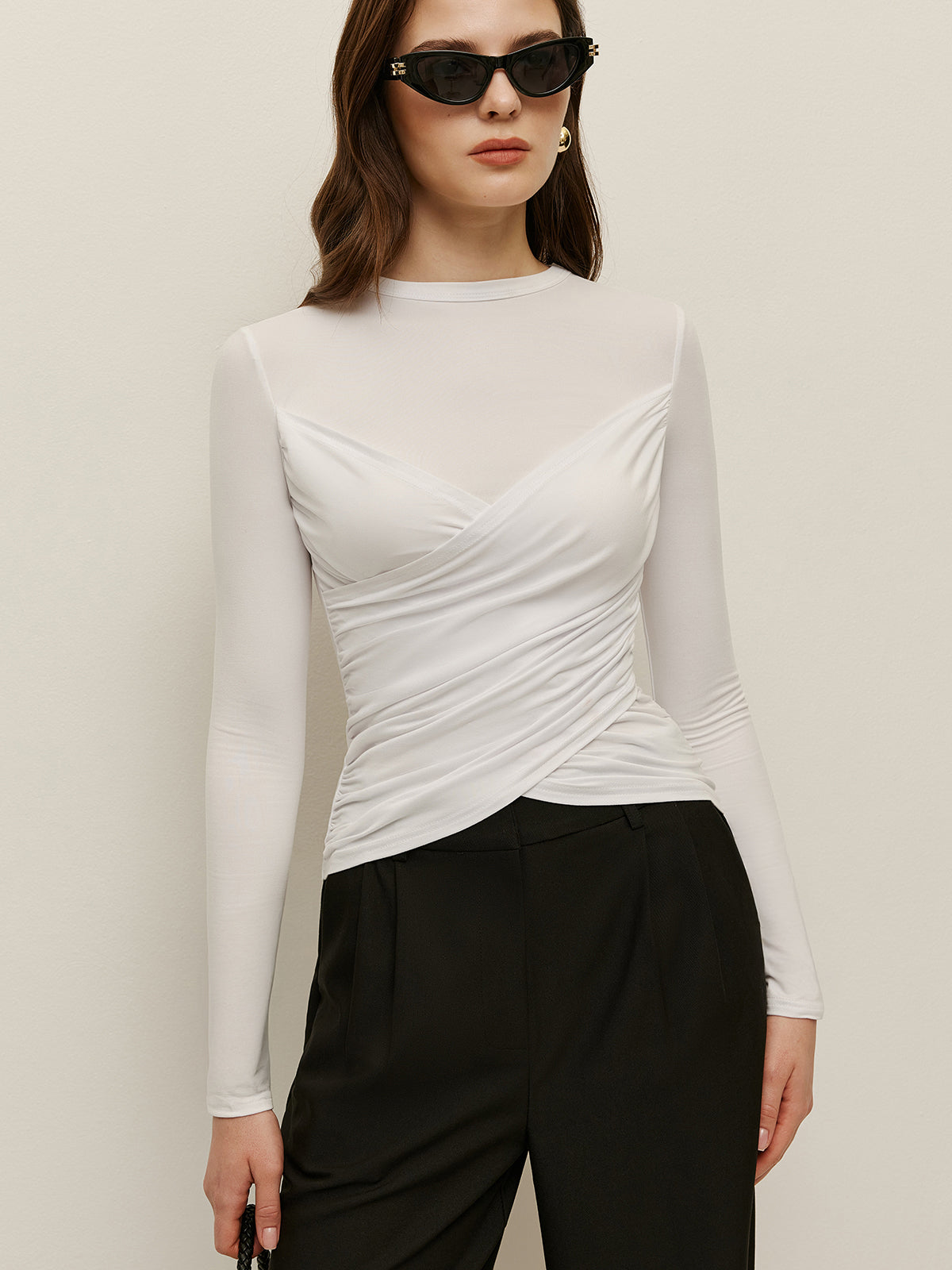 Çapraz Desenli Uzun Kollu Tişört Beyaz Slim Fit