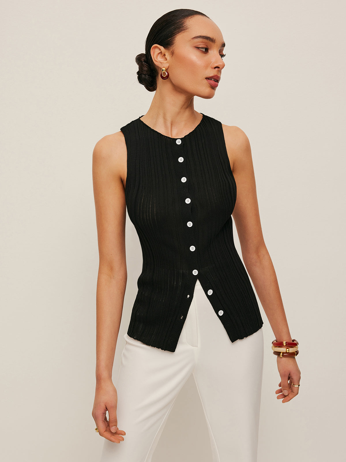 Kolsuz Ribana Düğmeli Triko Bluz Siyah Slim Fit