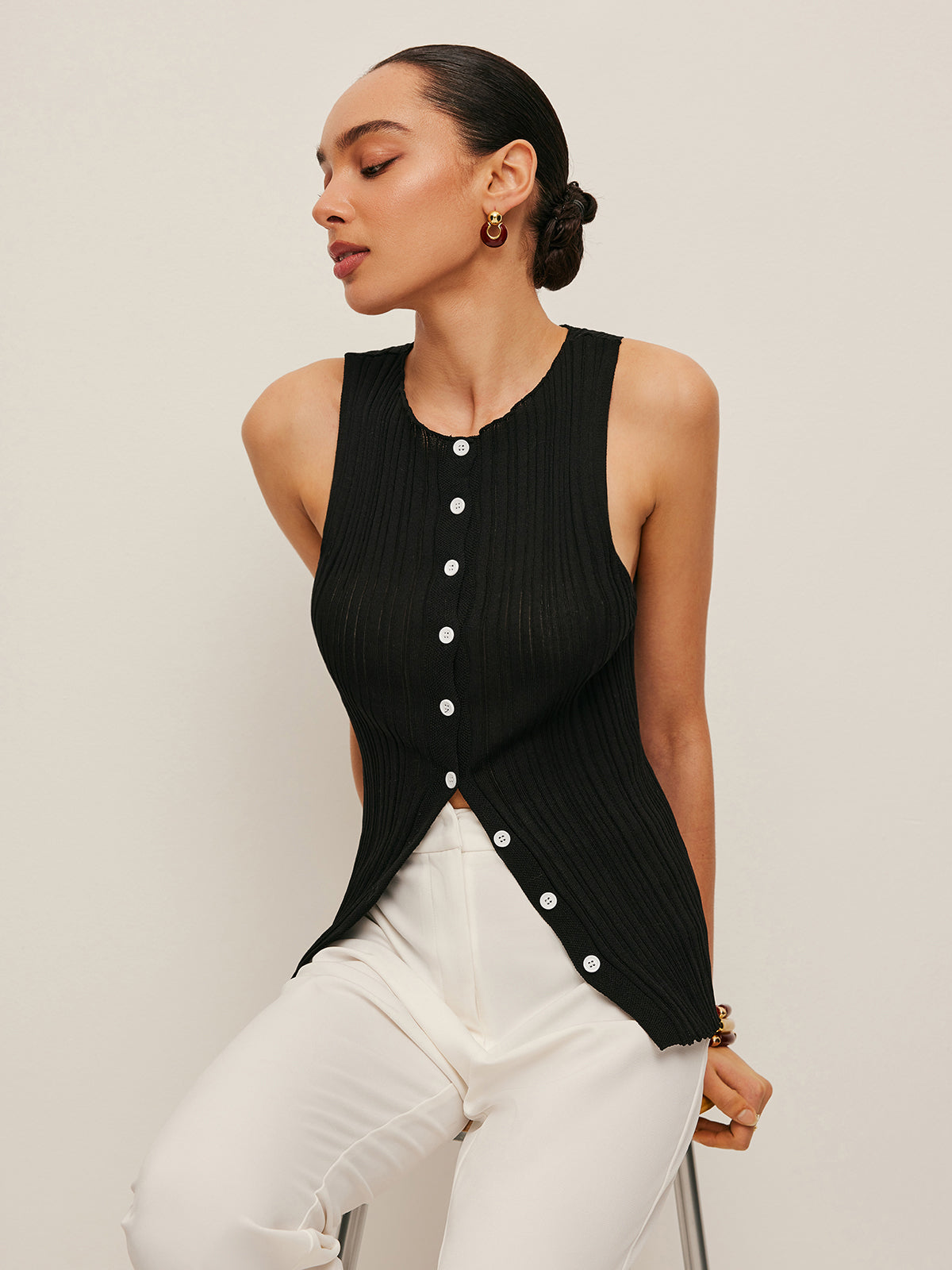 Kolsuz Ribana Düğmeli Triko Bluz Siyah Slim Fit