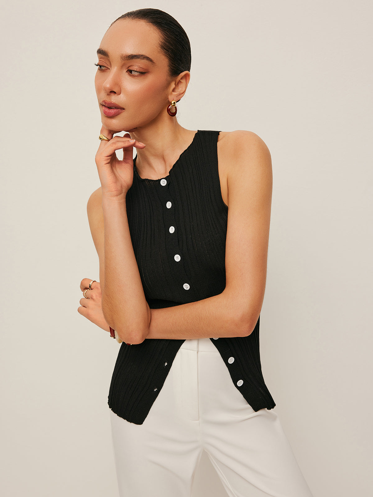 Kolsuz Ribana Düğmeli Triko Bluz Siyah Slim Fit