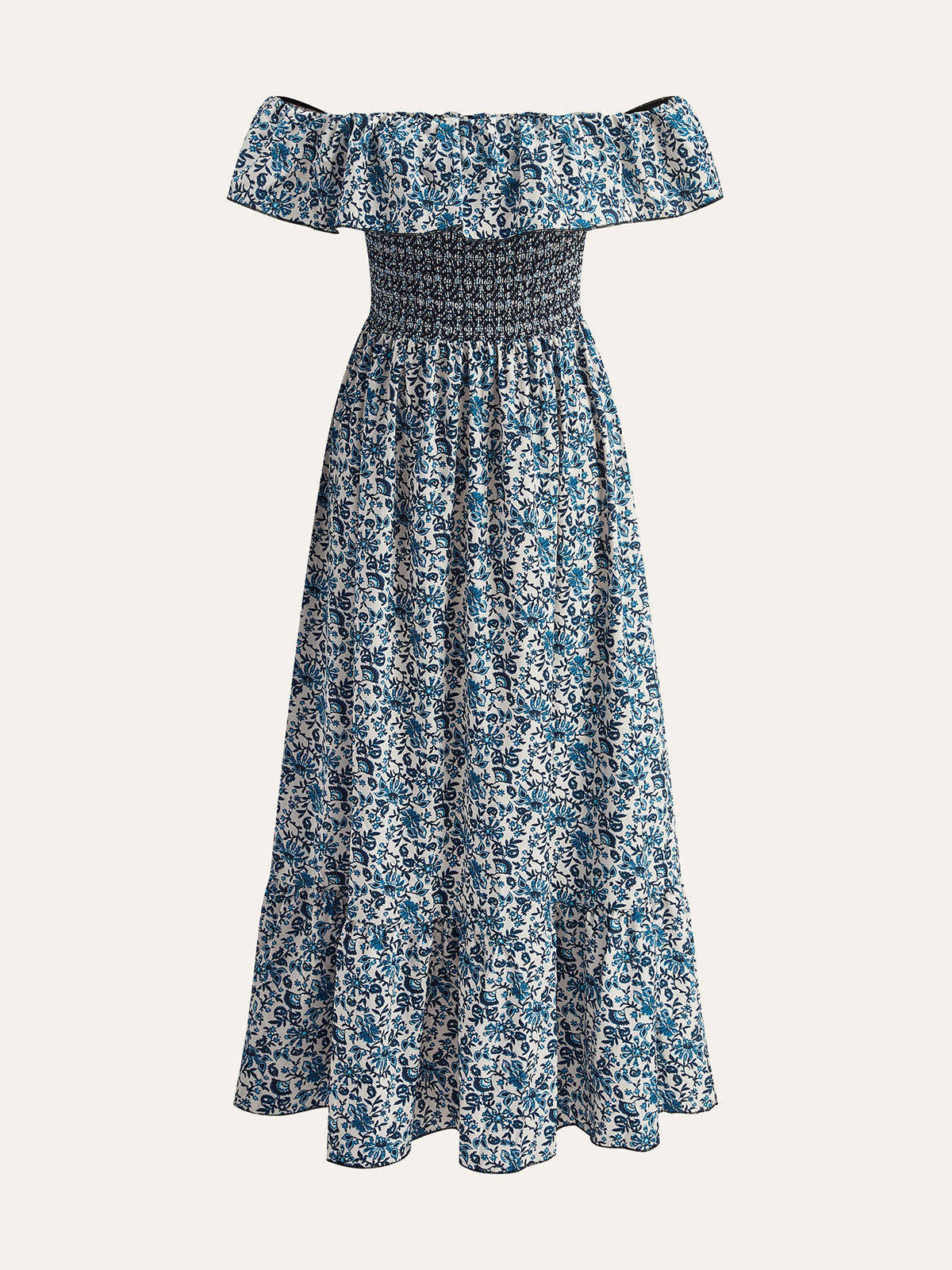 Boho Düşük Omuz Çiçekli Maxi Elbise Mavi Volanlı