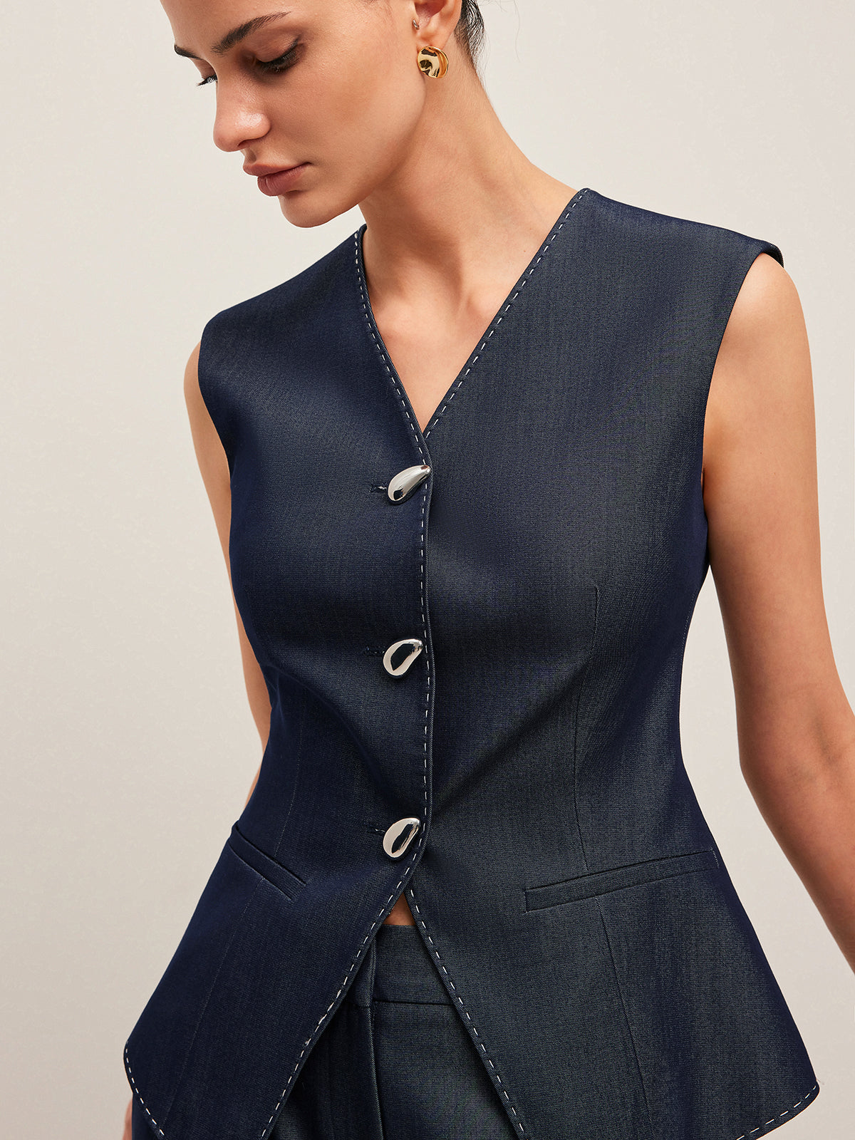 Kontrast Dikişli Düğmeli Peplum Yelek - 6. görünüm