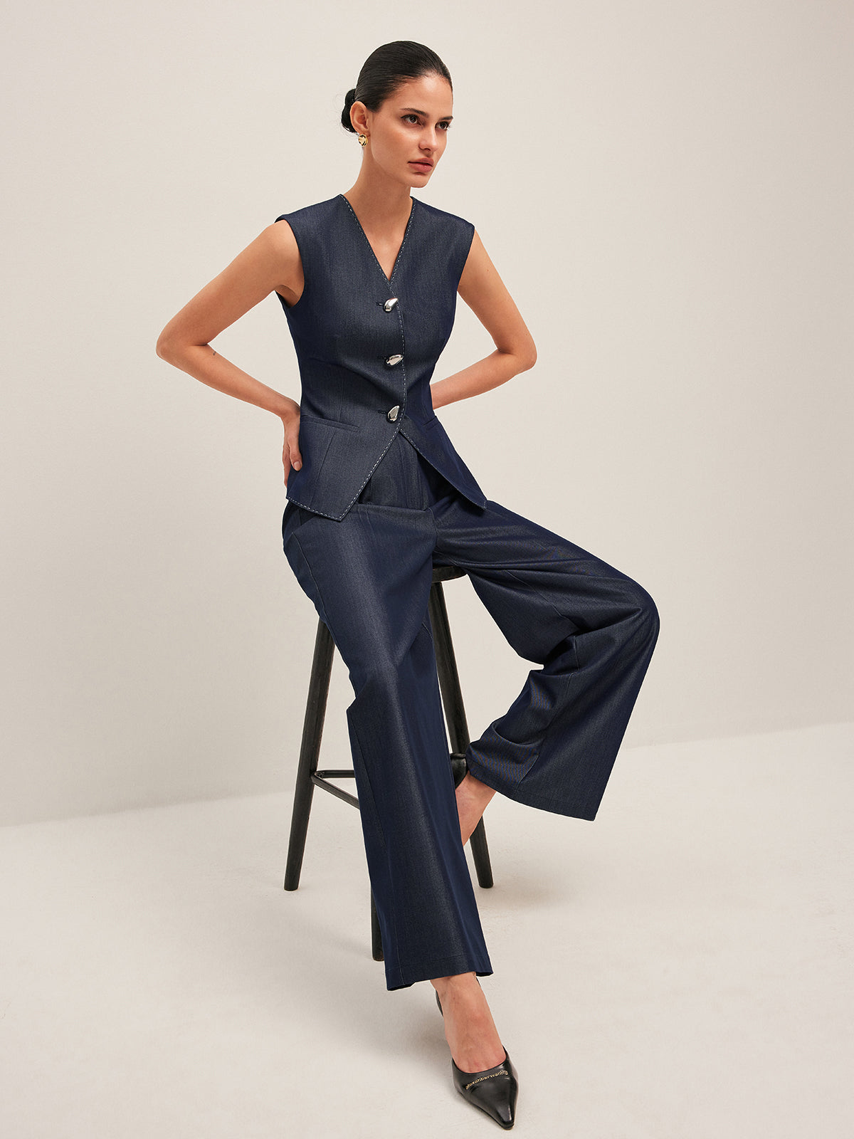 Kontrast Dikişli Düğmeli Peplum Yelek - 7. görünüm