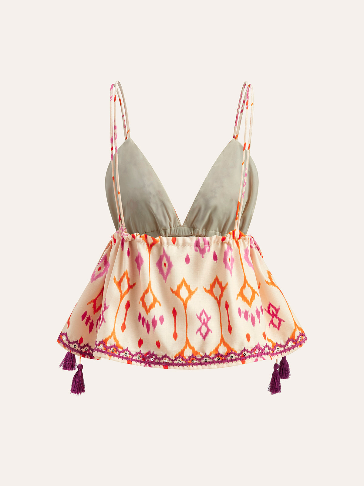 Boho Nakışlı Askılı Bluz Püskülü Çok Renkli Sırtı Açık