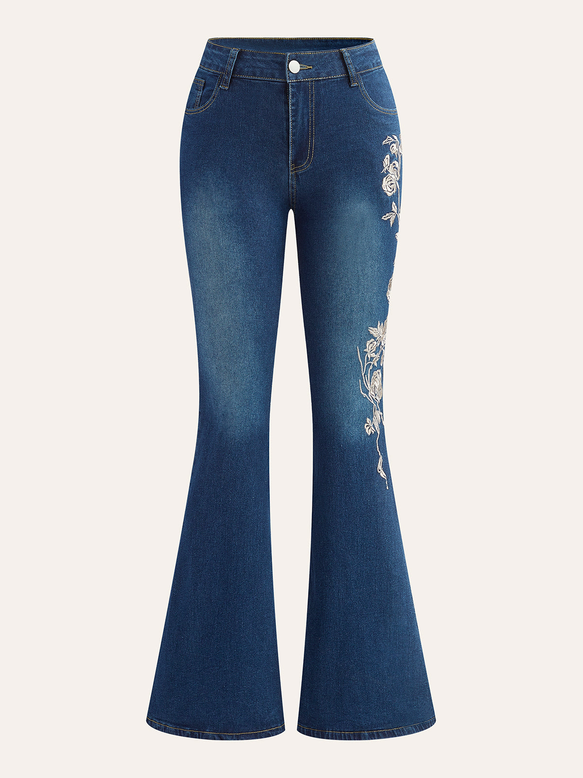 Nakışlı Orta Bel Sıfır Paça Jean Mavi Regular Fit