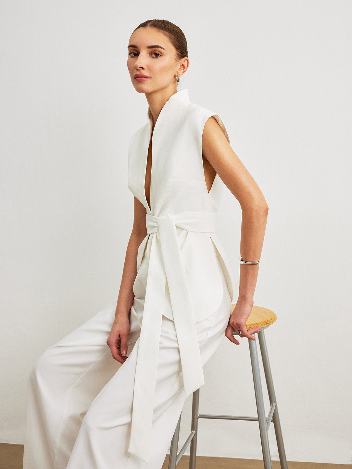 Kemerli Peplum Askısız Uzun Üst Beyaz Düğmeli