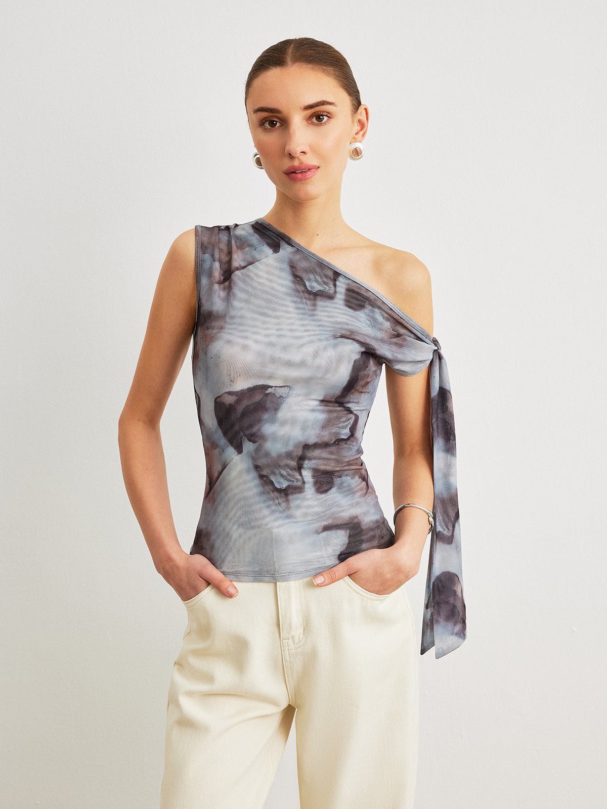 Boho Desenli Asimetrik Yakalı File Drapeli Bluz - 2. görünüm
