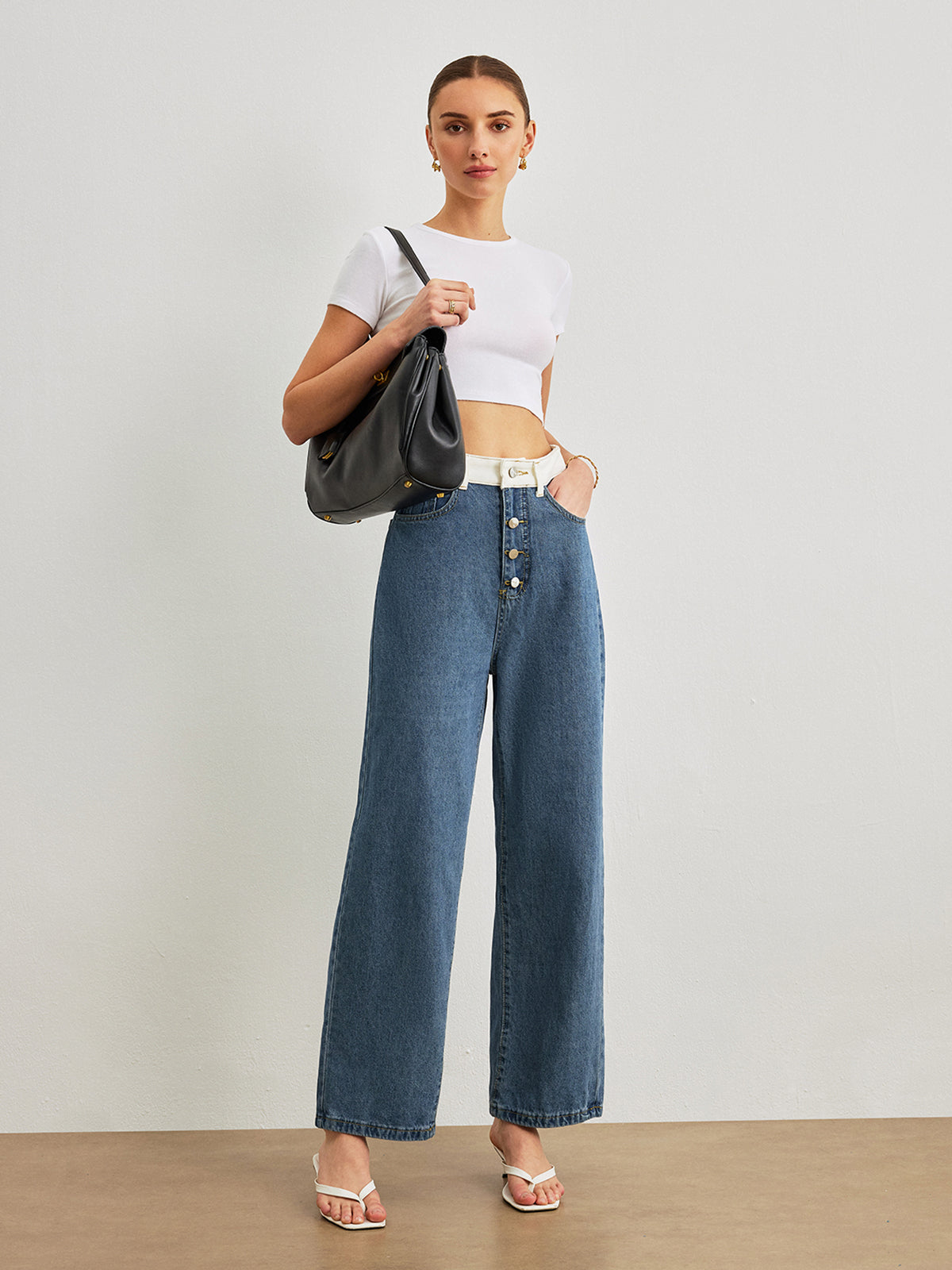 Orta Bel Denim Jean Mavi Kontrast Detaylı