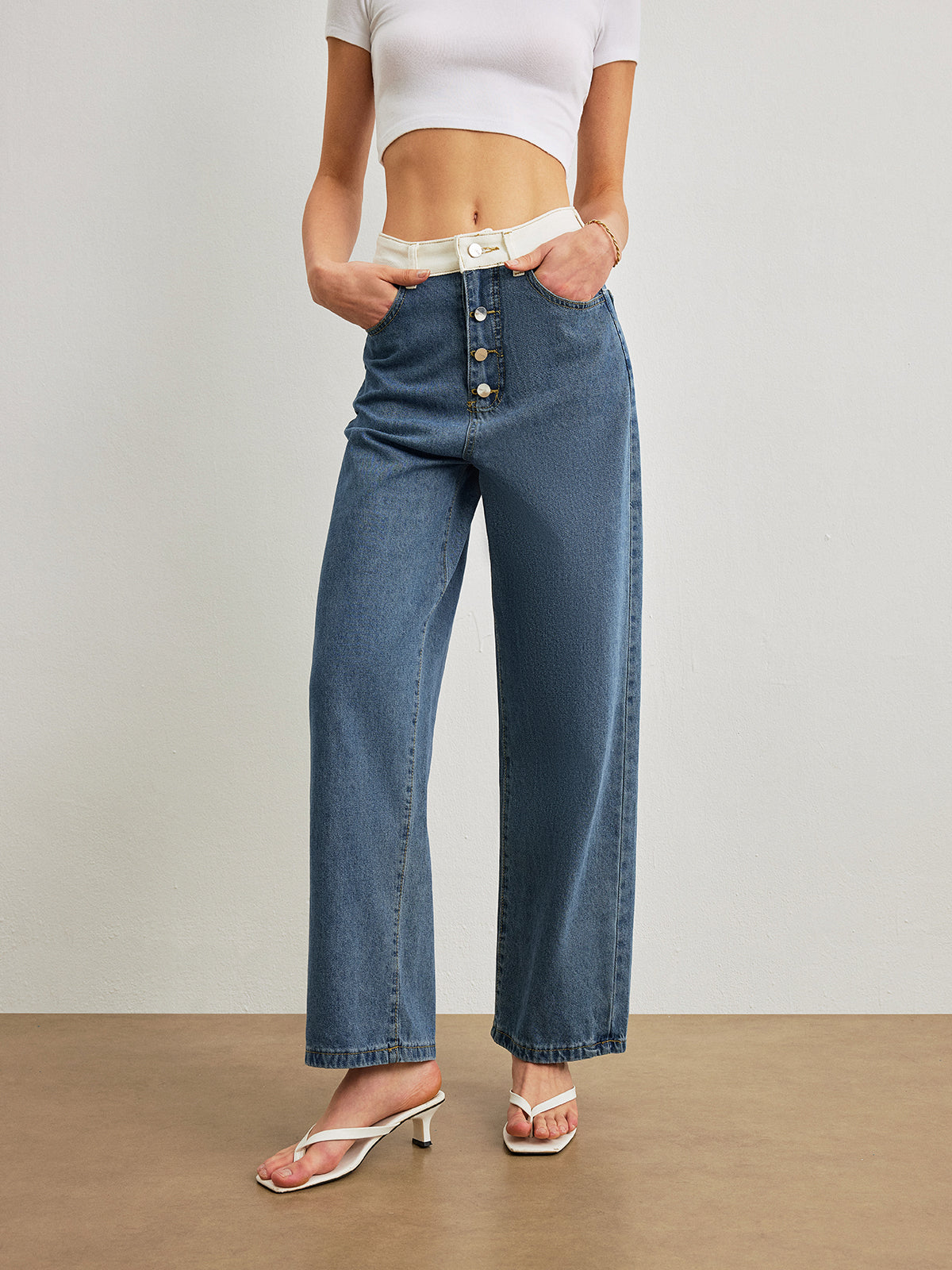Orta Bel Denim Jean Mavi Kontrast Detaylı