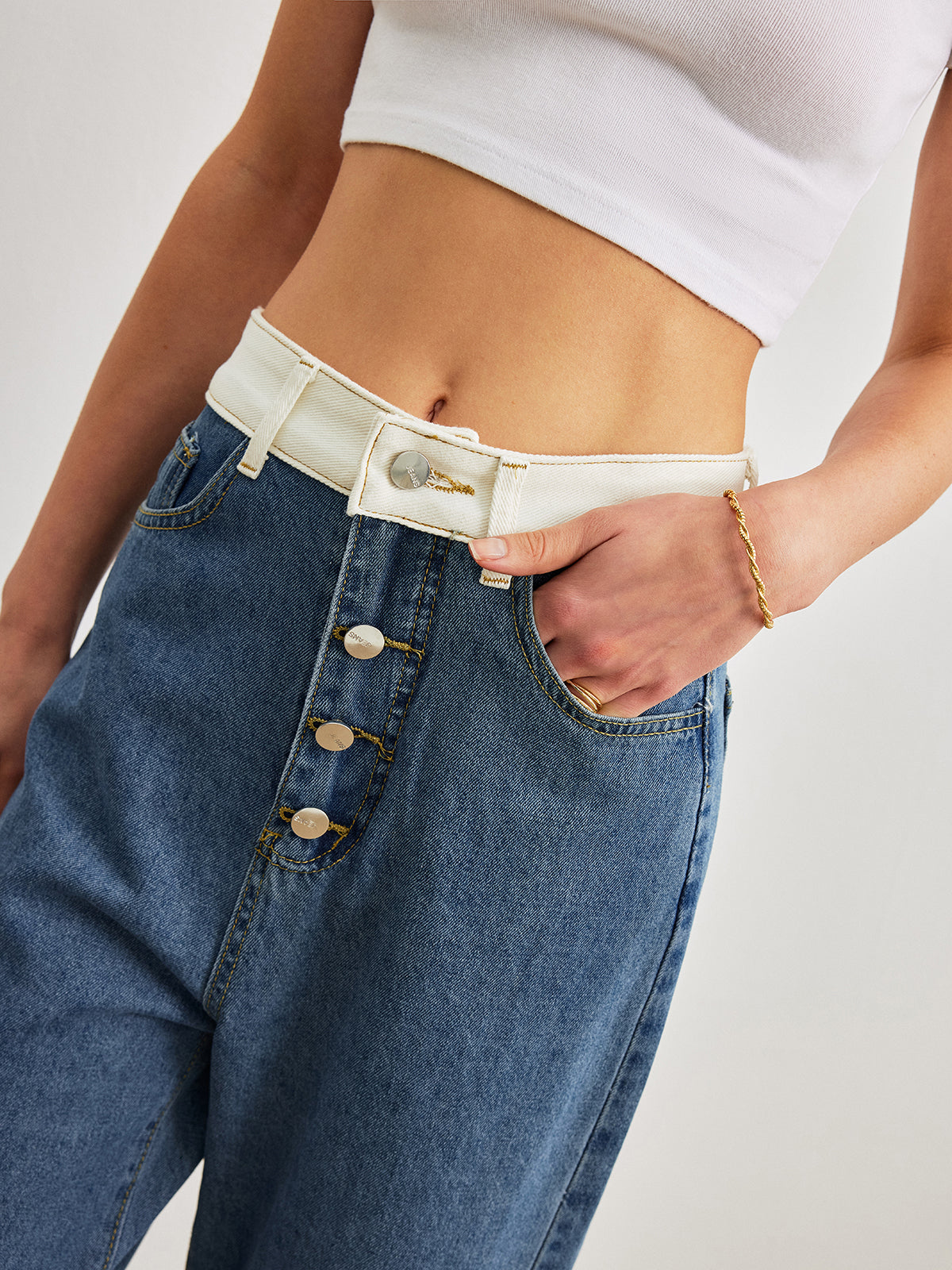 Orta Bel Denim Jean Mavi Kontrast Detaylı