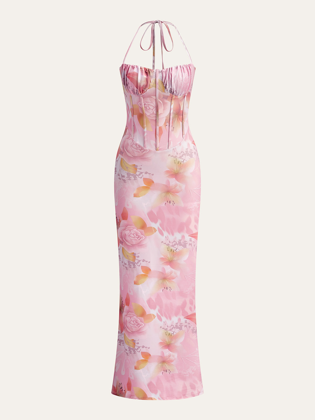 Çiçekli Halter Abiye Elbise Pembe Kalp Yaka