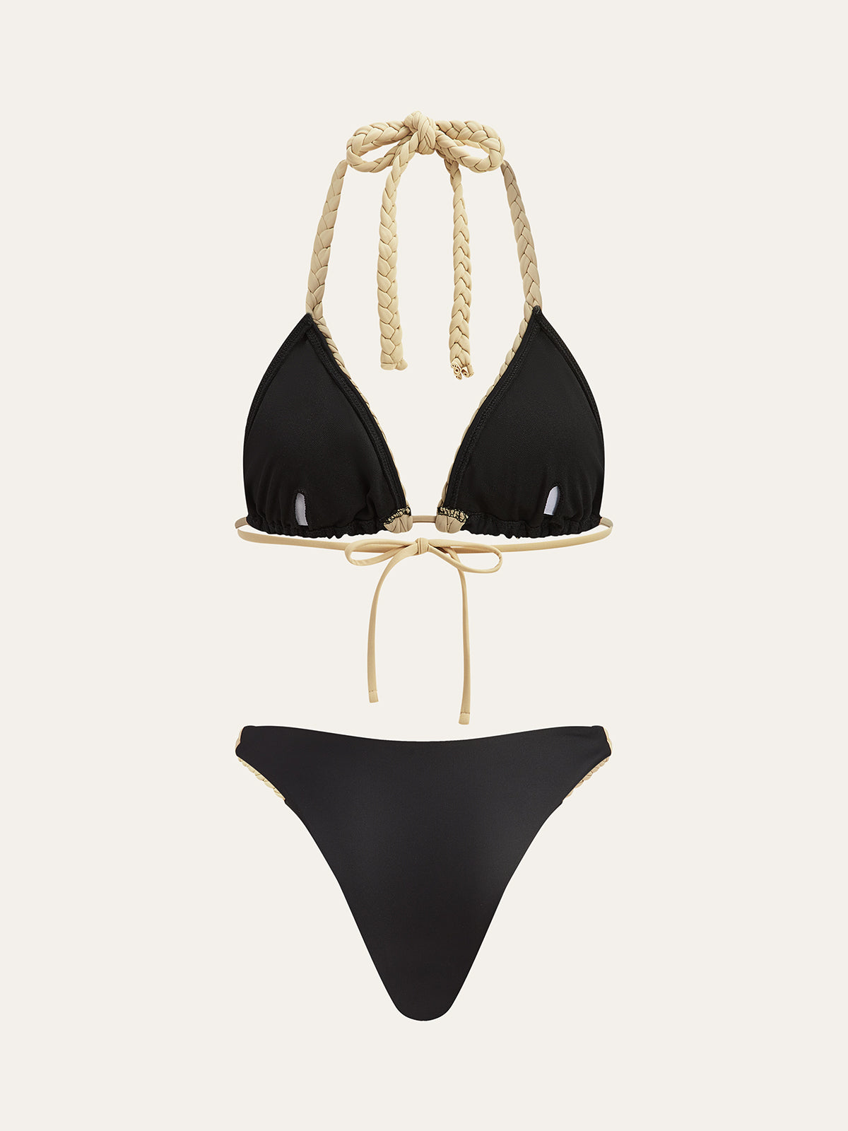 Örgülü Askılı Bikini Takımı Siyah Kontrast Biyeli