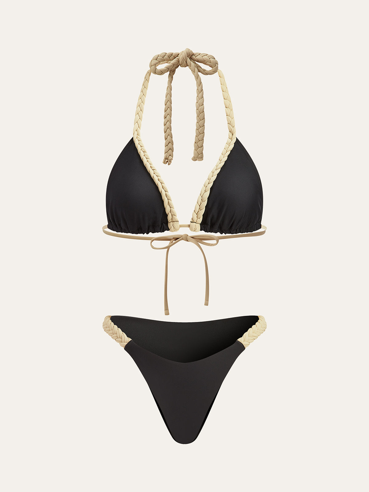 Örgülü Askılı Bikini Takımı Siyah Kontrast Biyeli