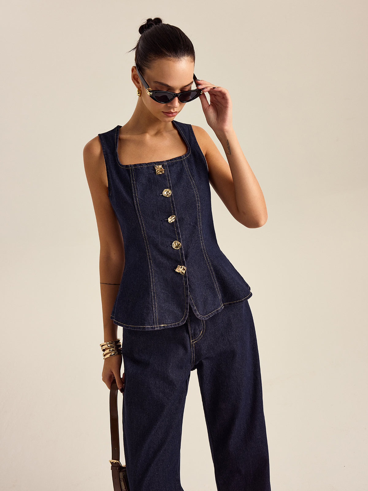 Kot Metal Düğmeli Peplum Üst Ve Pantolon Takımı - 6. görünüm