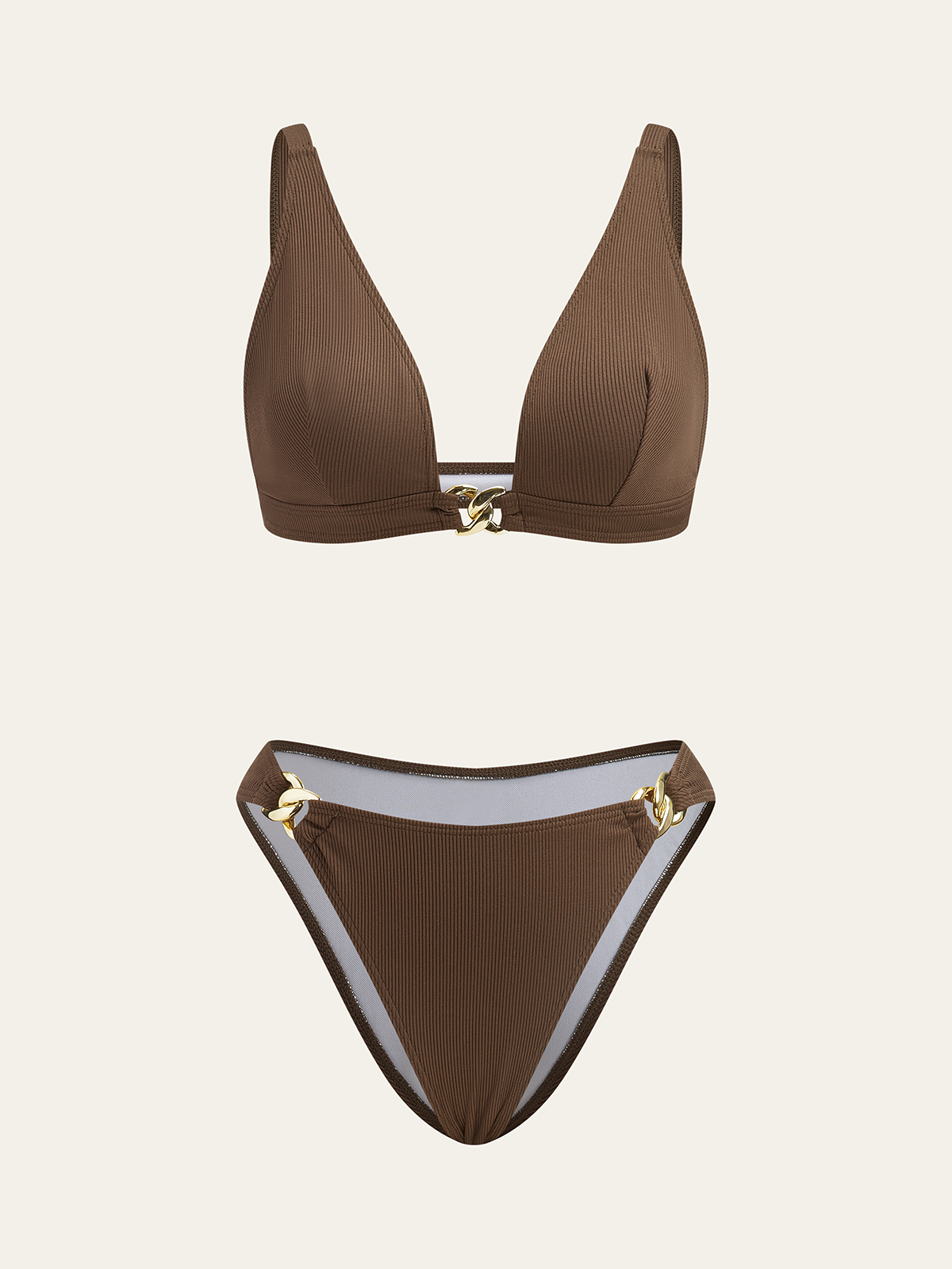 Metal Detaylı Bikini Takımı Kahverengi Örgü Desenli - 5. görünüm