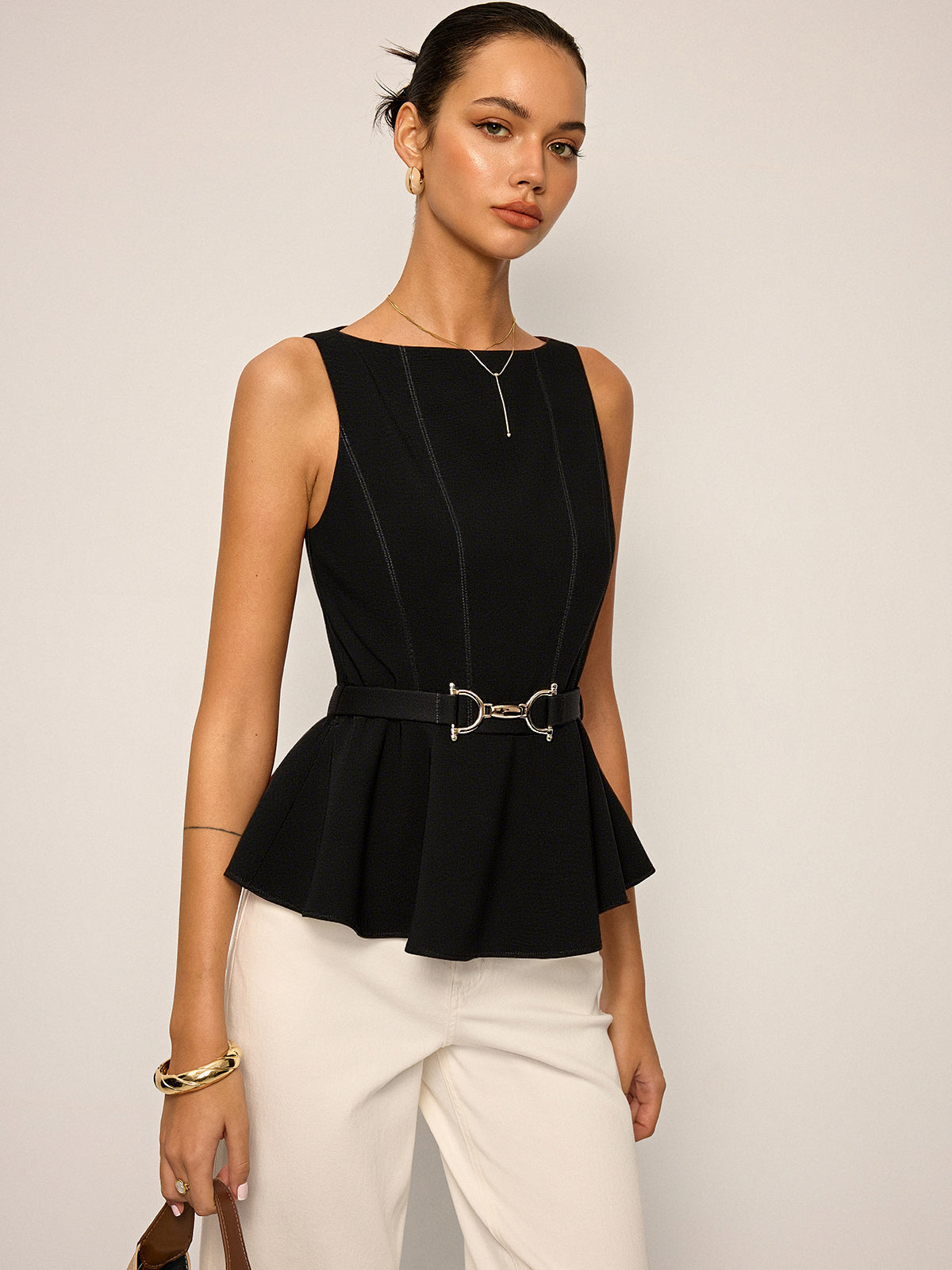 Metal Tokalı Kemerli Peplum Üst Kolsuz Kahverengi