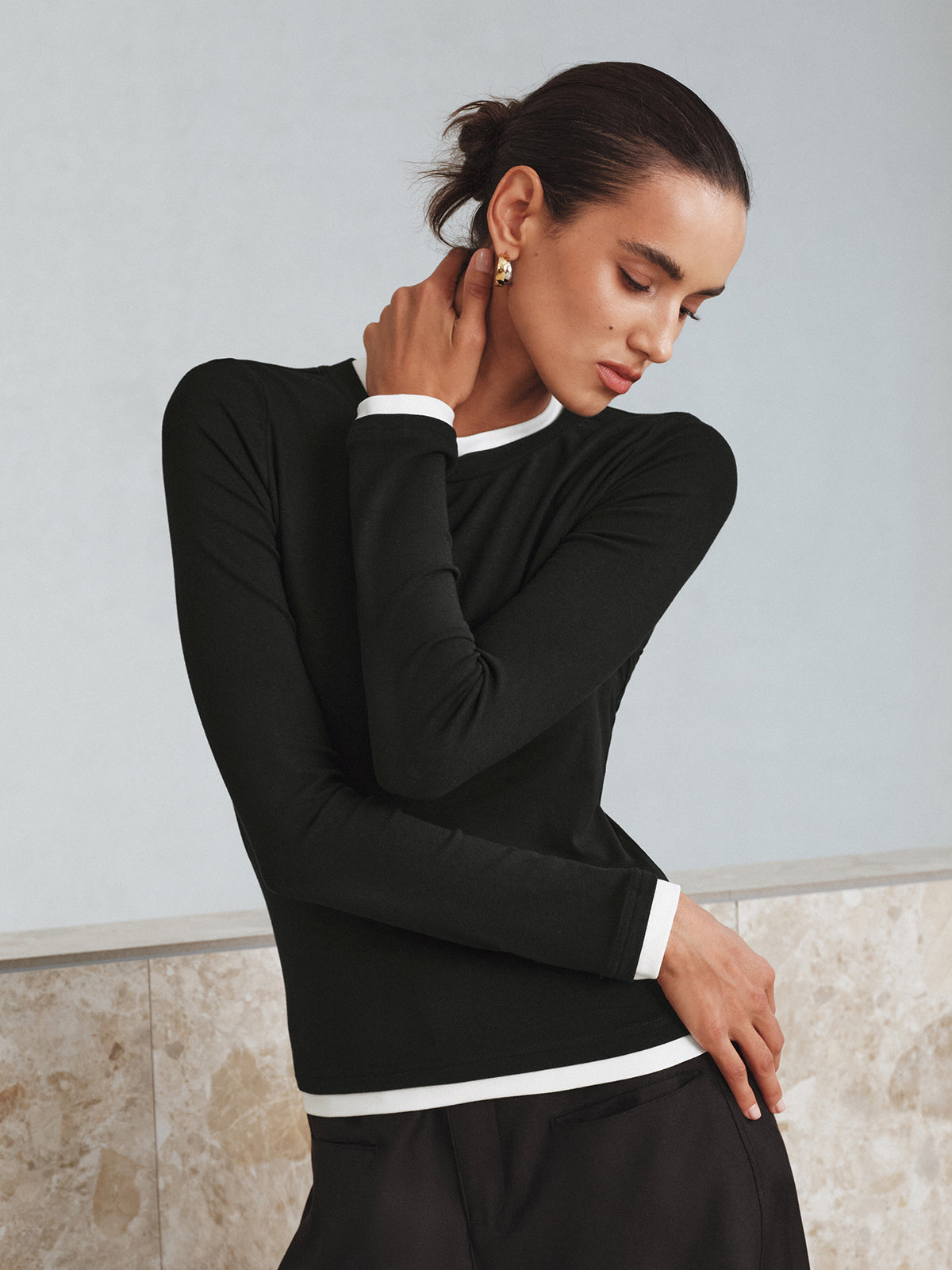 Kontrast Dikiş Uzun Kollu Tişört Siyah Slim Fit