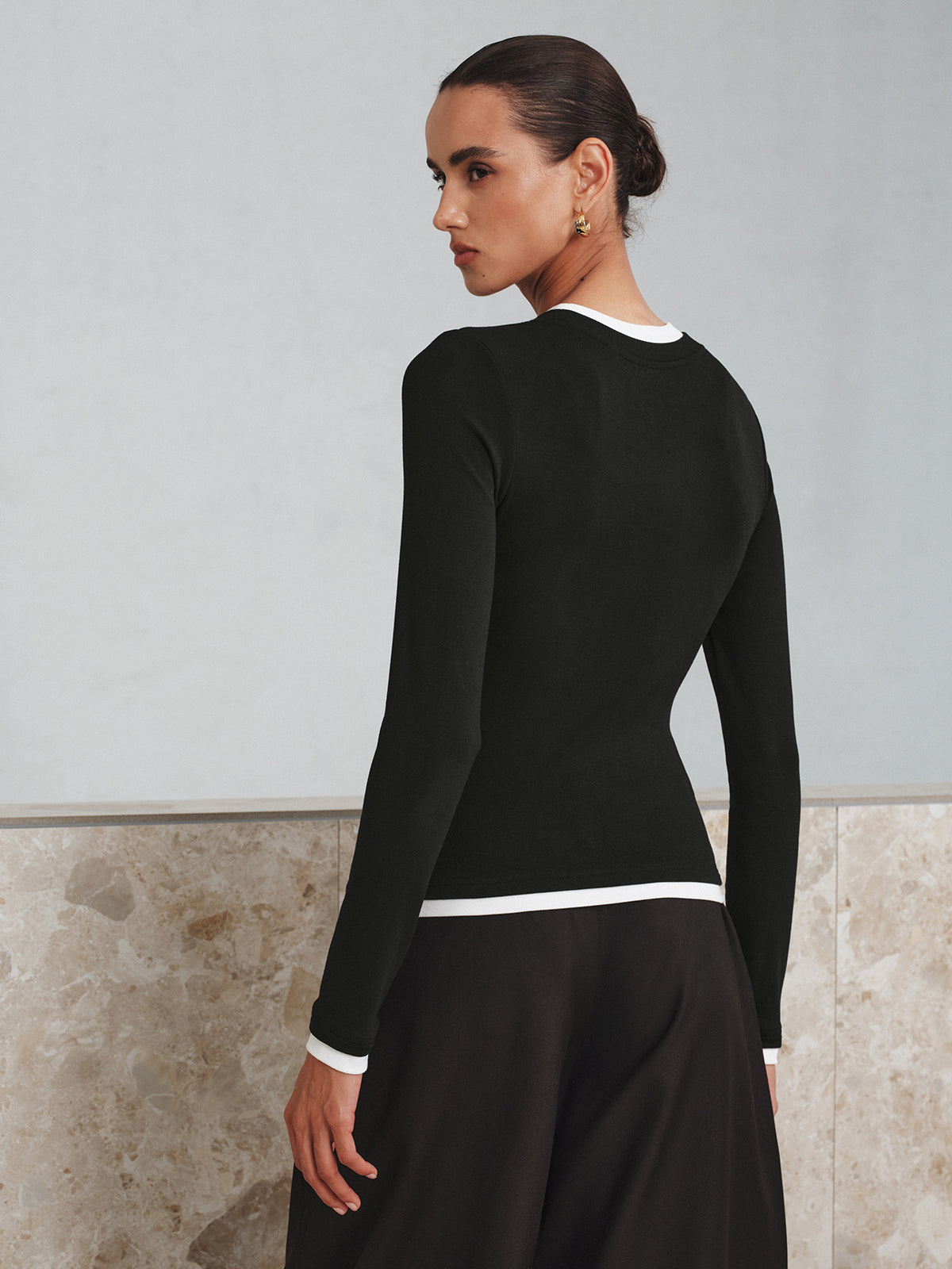 Kontrast Dikiş Uzun Kollu Tişört Siyah Slim Fit