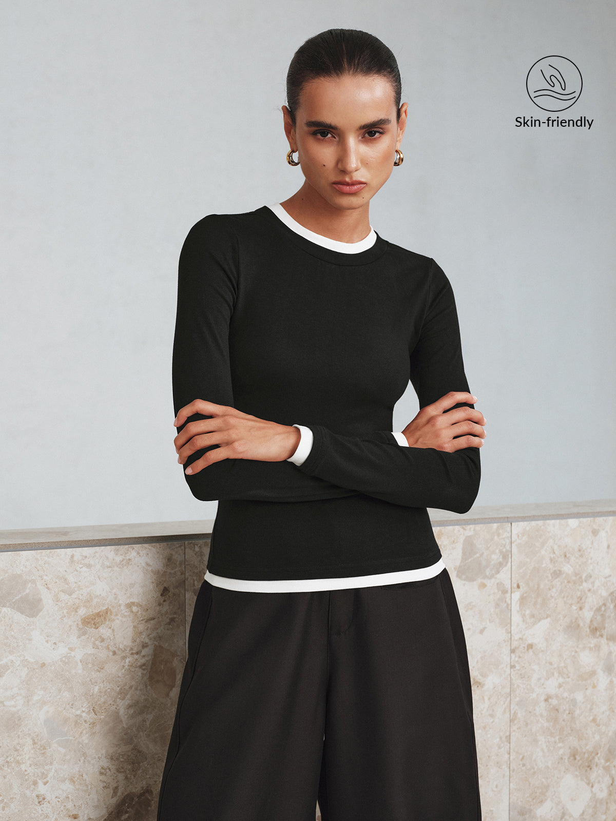 Kontrast Dikiş Uzun Kollu Tişört Siyah Slim Fit