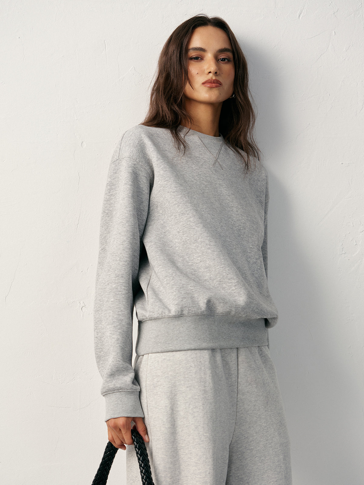 Pamuk Karışımlı Yuvarlak Yaka Sweatshirt Açık Gri Uzun Kollu