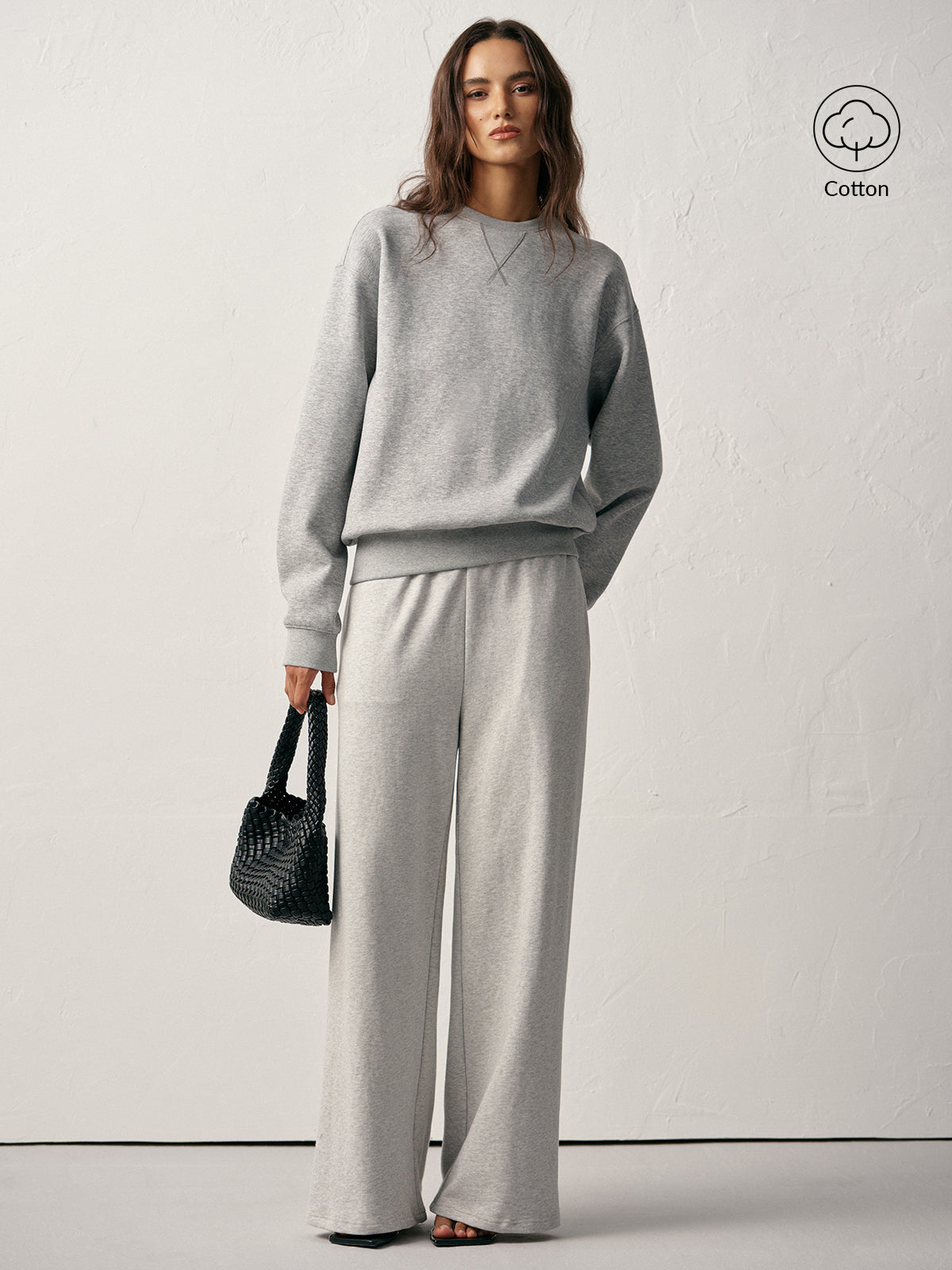 Pamuk Karışımlı Yuvarlak Yaka Sweatshirt Açık Gri Uzun Kollu