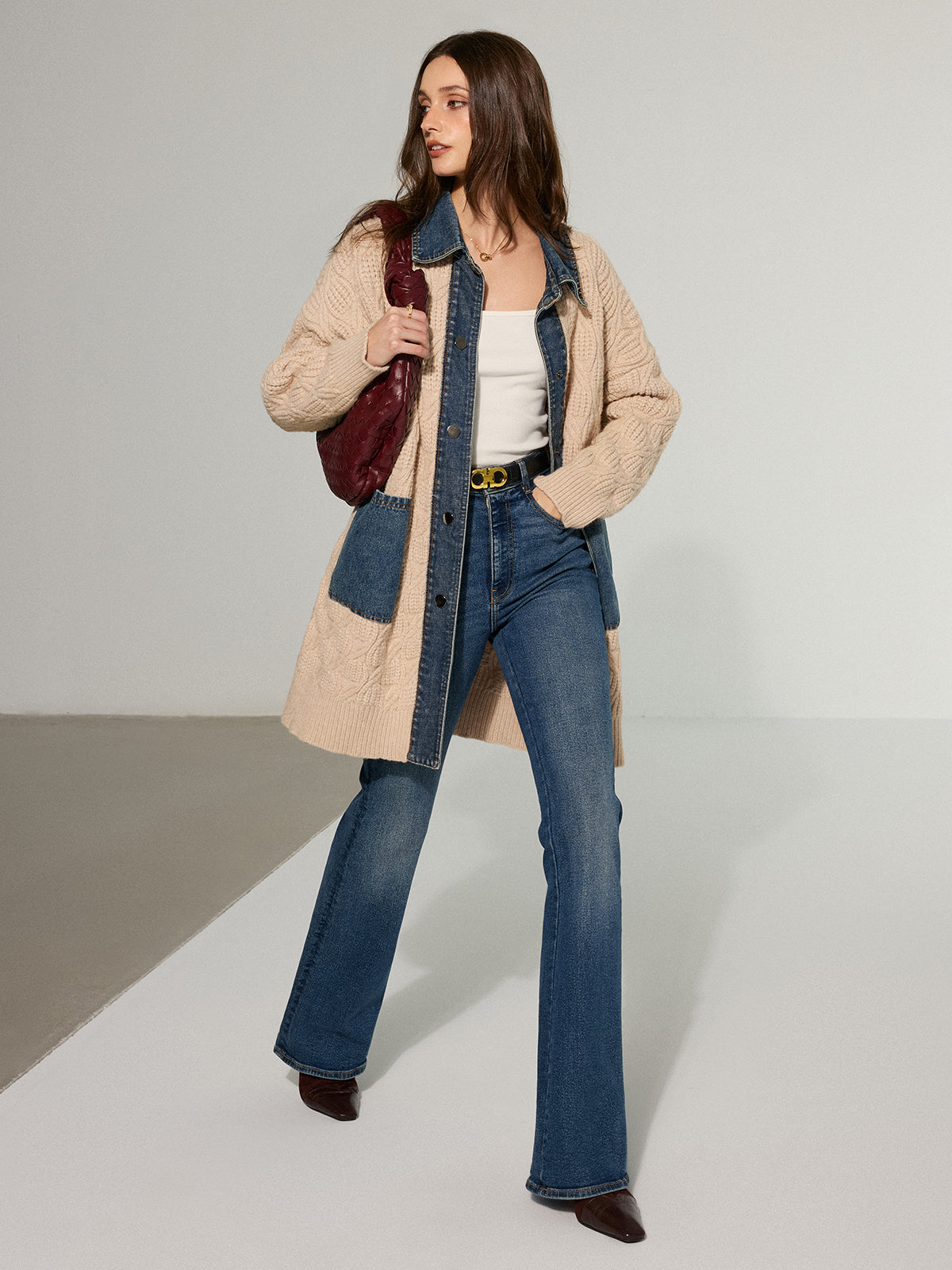 Kablo Örgü Denim Panelli Uzun Hırka Kayısı Triko