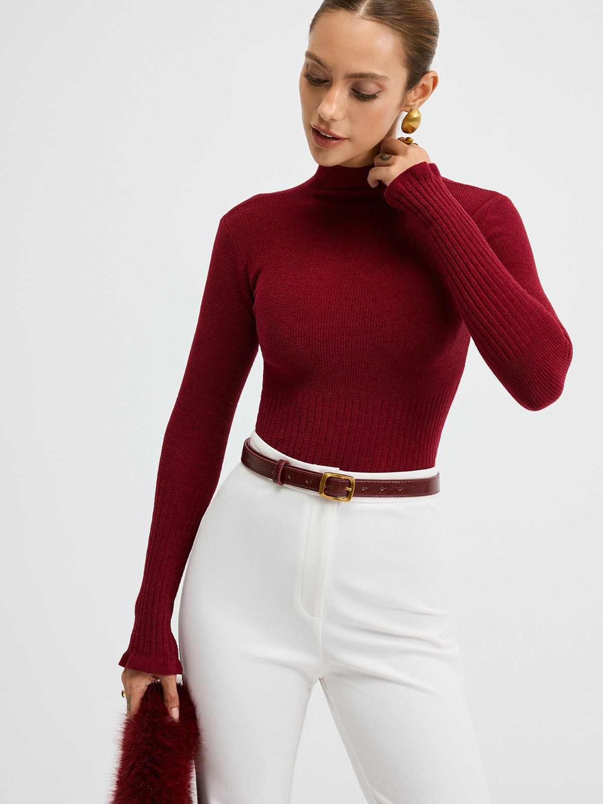 Slim Fit Yarım Balıkçı Yaka Ribana Kazak Bordo