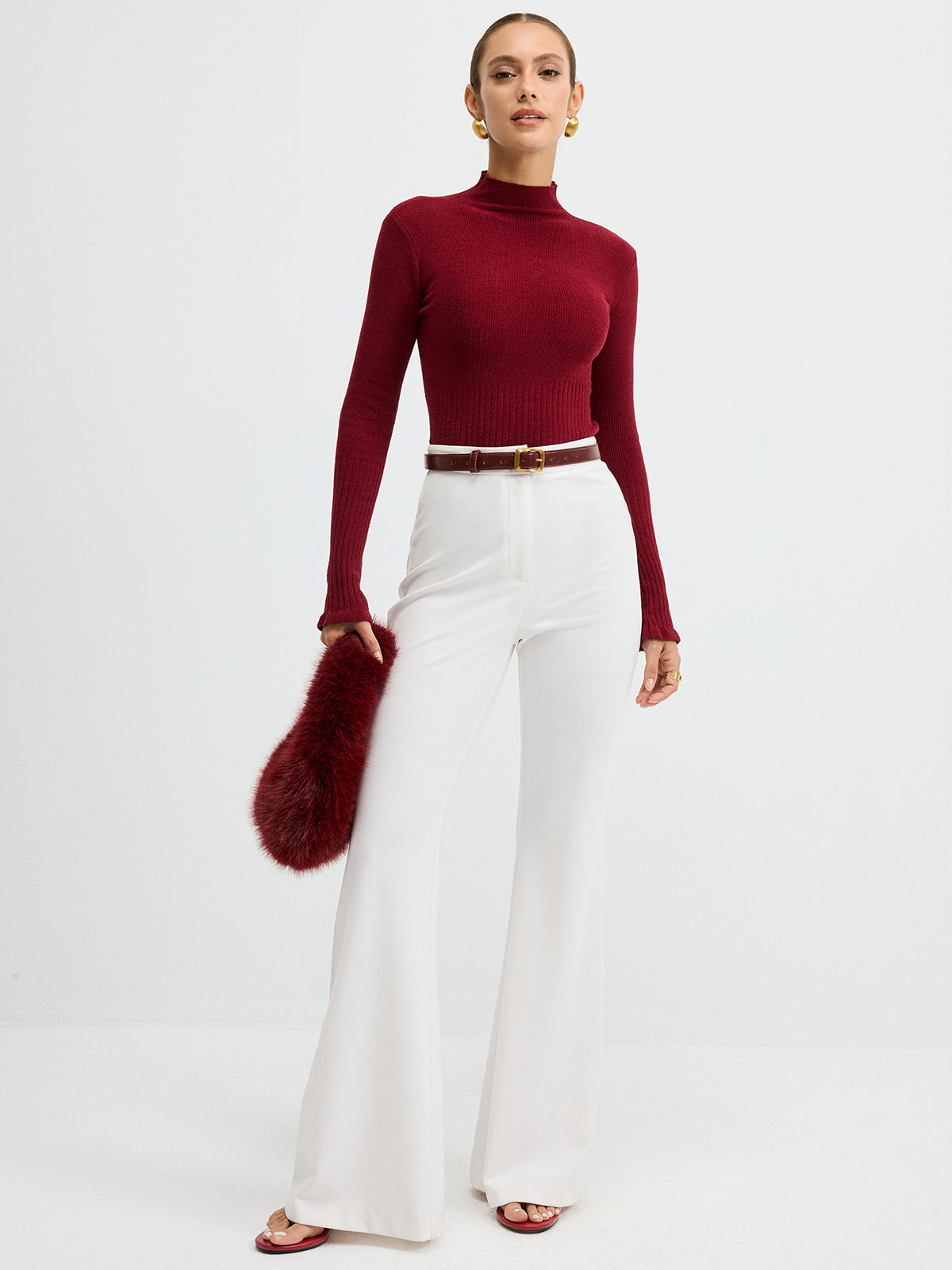 Slim Fit Yarım Balıkçı Yaka Ribana Kazak Bordo