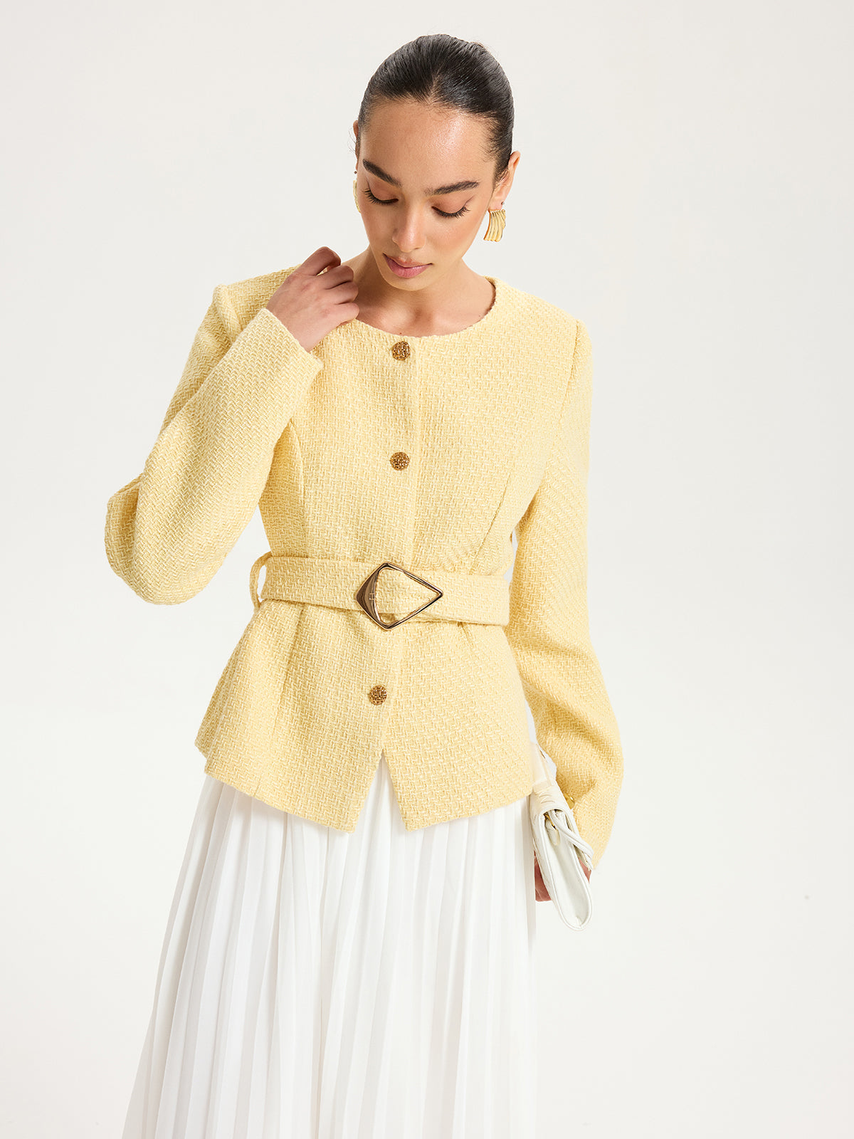 Düğme Detaylı Kemerli Tweed Ceket Sarı Regular Fit
