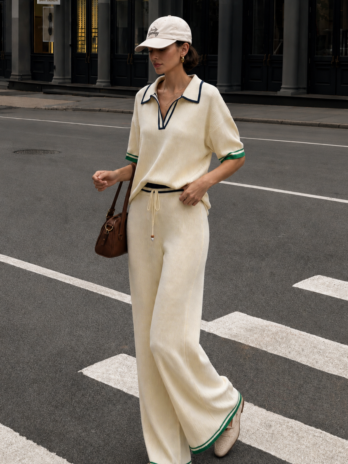 Kontrast Şeritli Fitilli Triko Takım - Bej - görsel 1