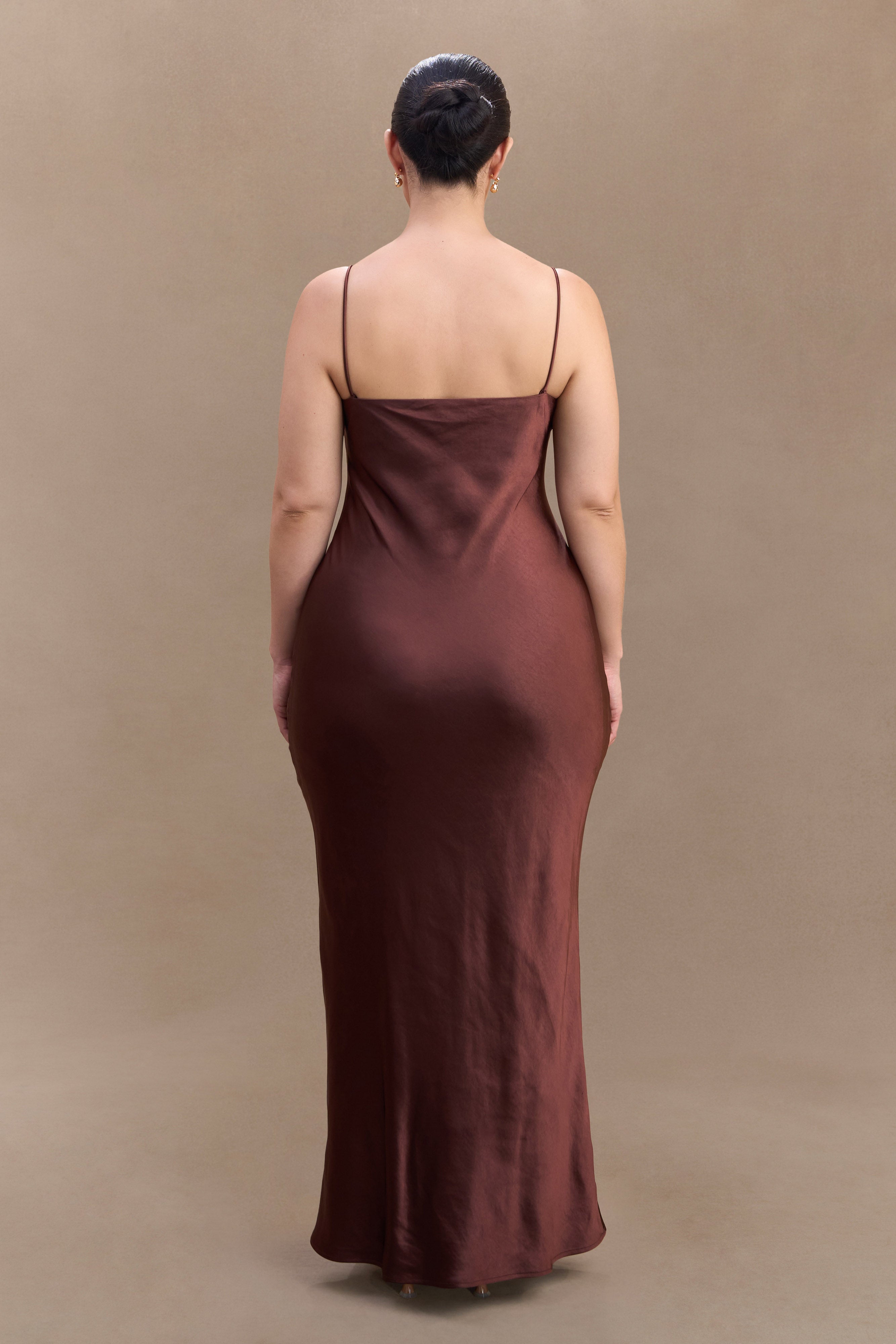 Lilly Sweetheart Saten Maxi Elbise - Bitter Çikolata