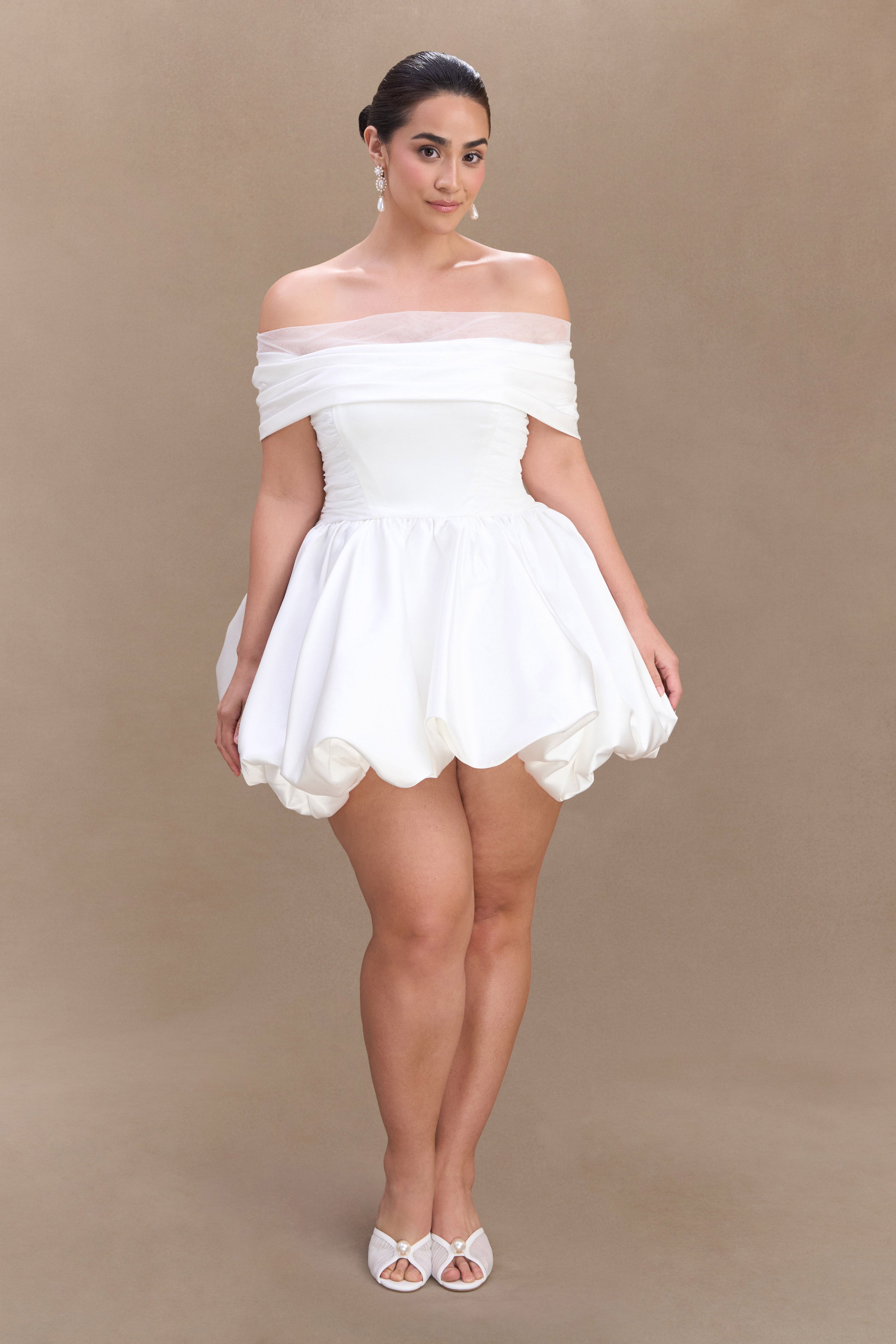 Lauretta Düşük Omuz Mini Elbise - Beyaz