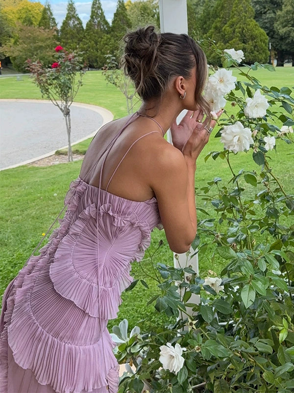 Anabella Pileli Fırfırlı Lila Midi Elbise - 12. görünüm
