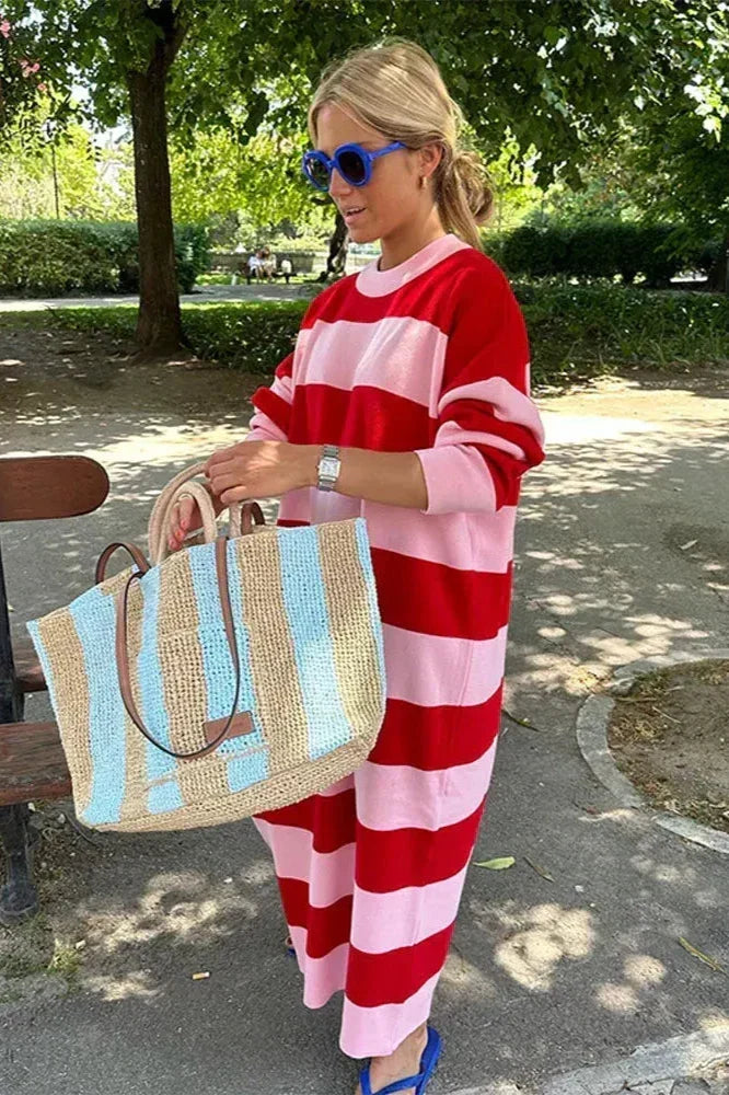 Günlük Çizgili Oversize Midi Elbise - 3. görünüm