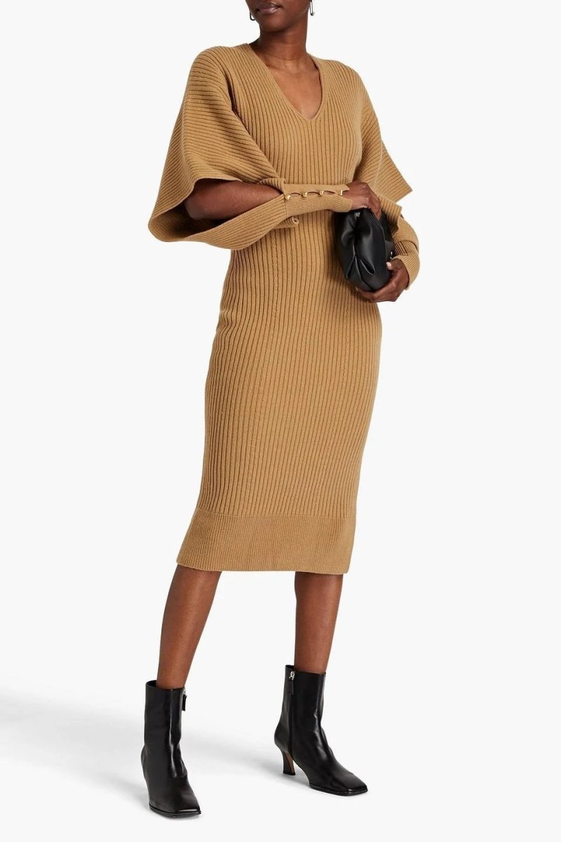 Alberta Cut-Out Batwing Kol Midi Triko Elbise - Kahverengi