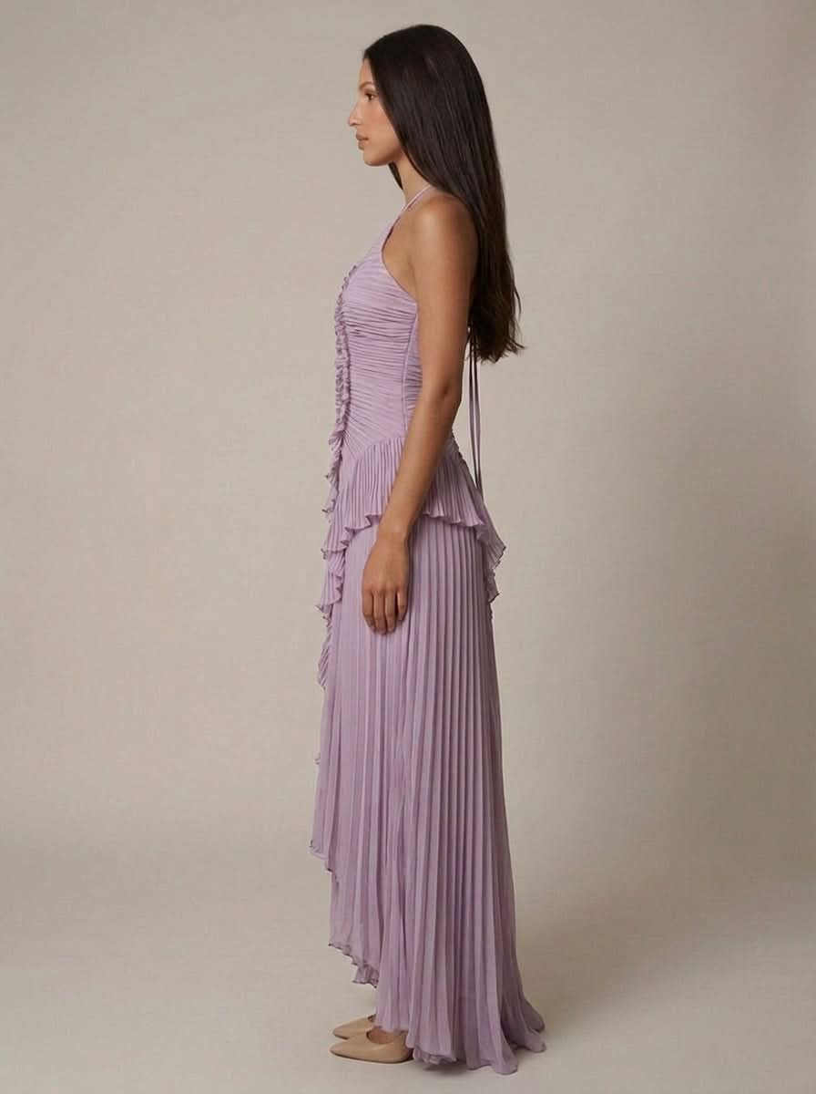 Halter Yaka Maxi Elbise Mor Pileli Detaylı