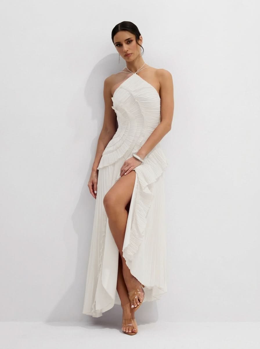 Halter Yaka Maxi Elbise Mor Pileli Detaylı