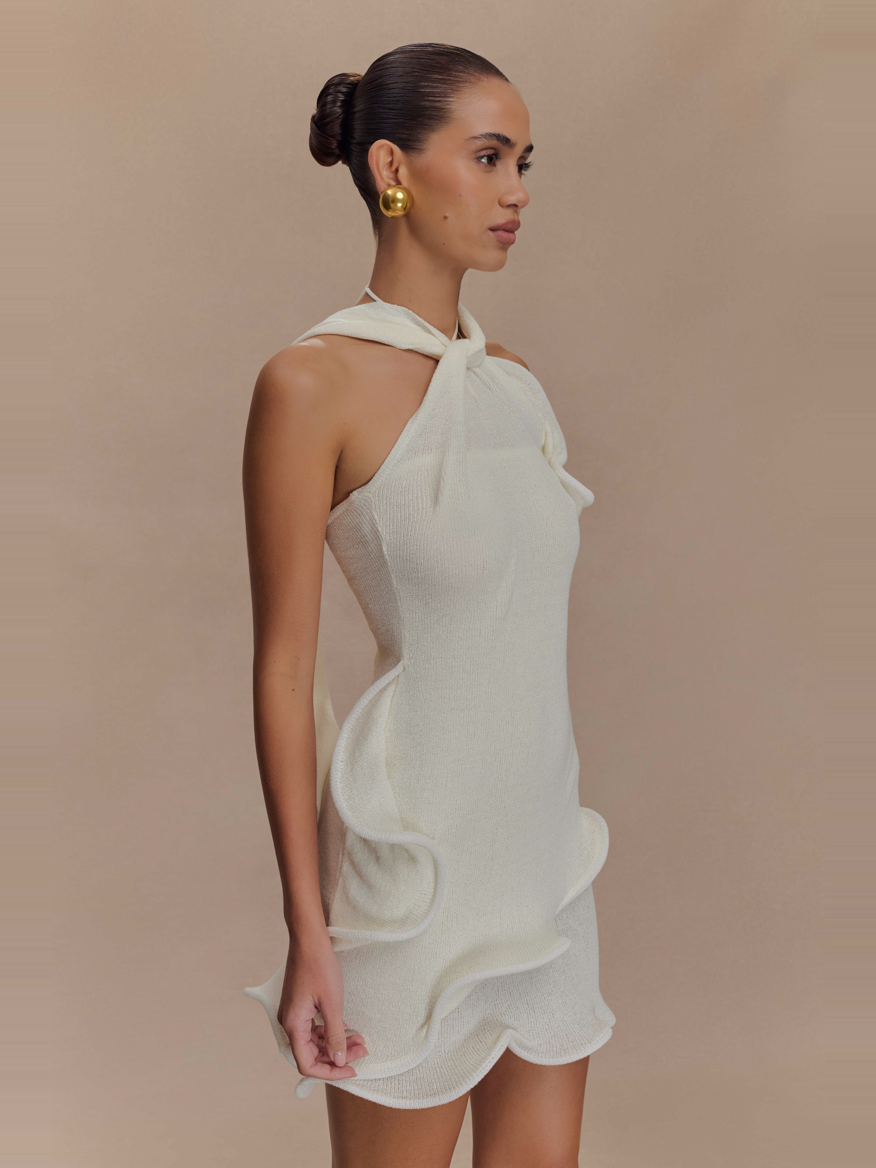 Caprice Beyaz Halter Yaka Triko Mini Elbise