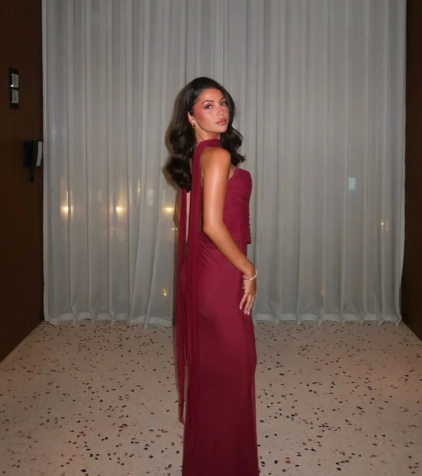 Aniyah Askısız Bodycon Maxi Elbise Bordo Tek Omuz