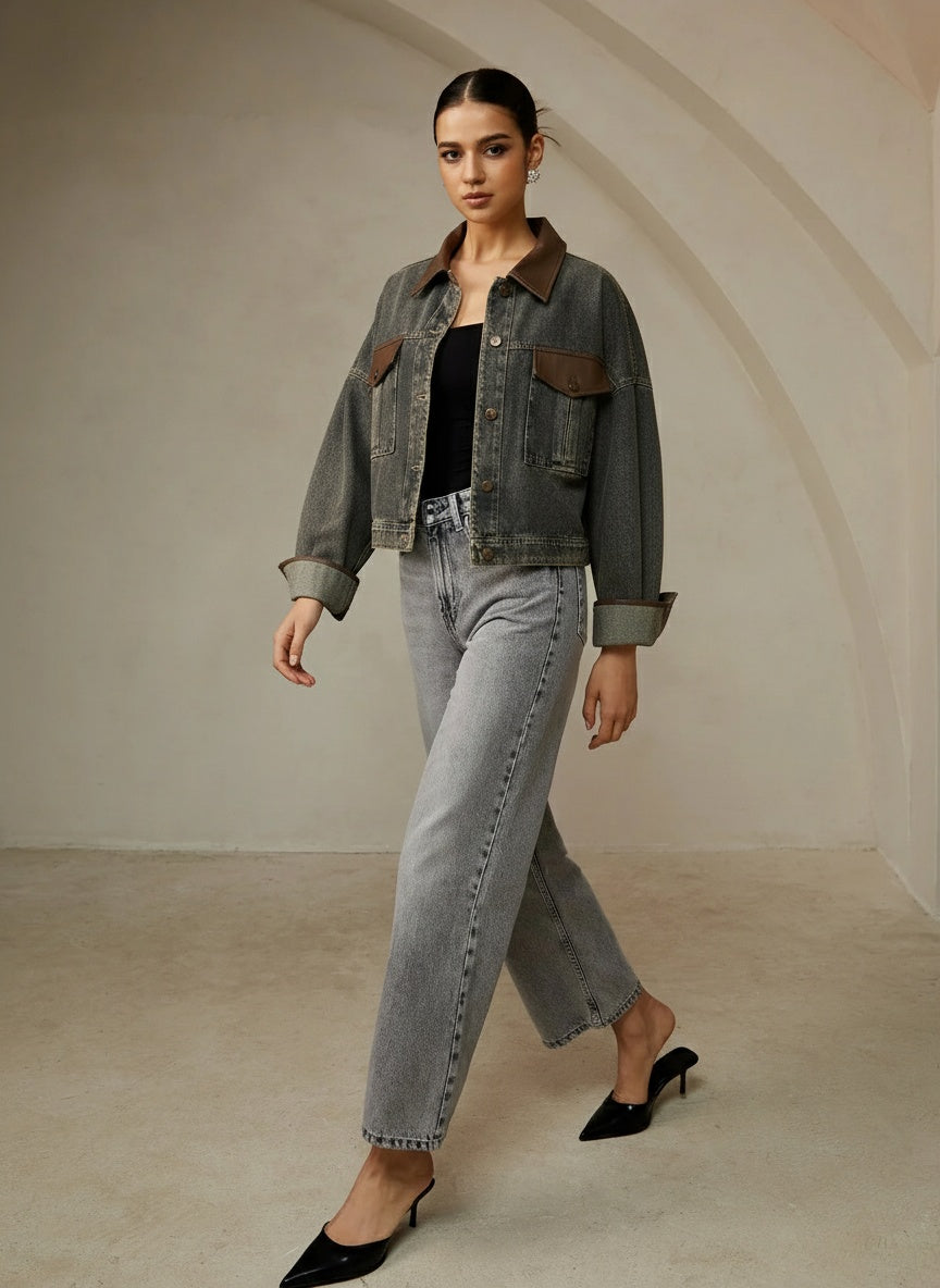 Vintage Kontrast Süslü Yaka Denim Ceket Koyu Kahverengi Uzun Kol