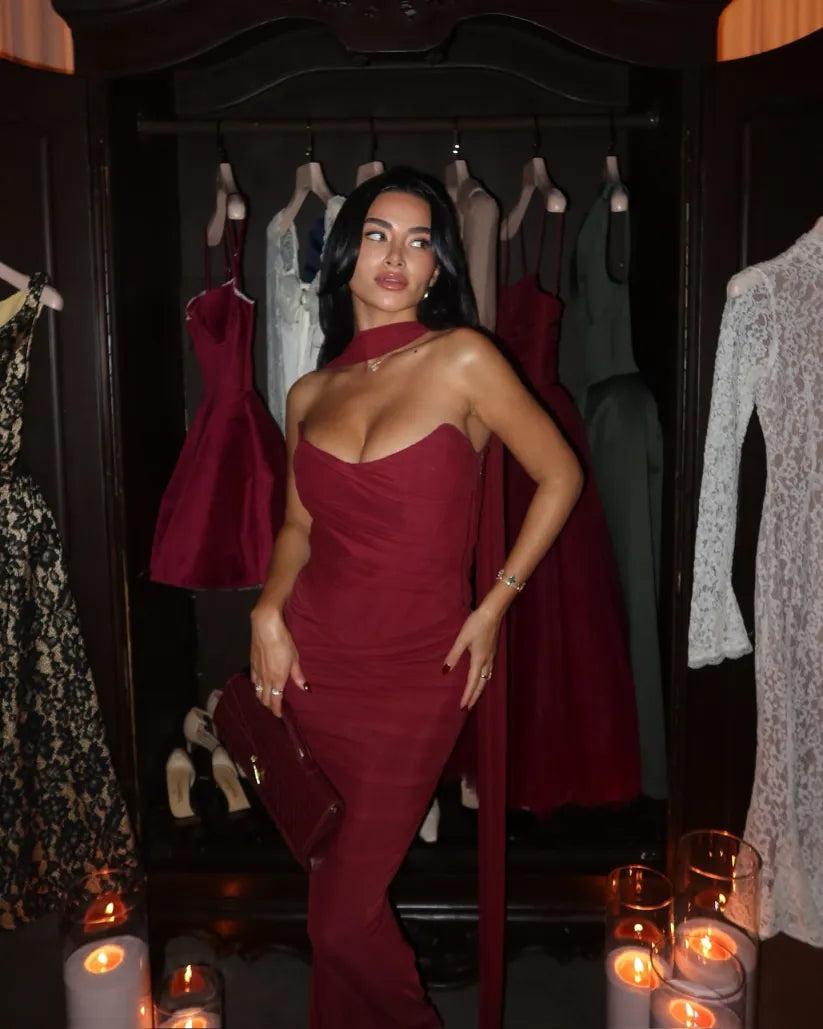 Aniyah Askısız Bodycon Maxi Elbise Bordo Tek Omuz