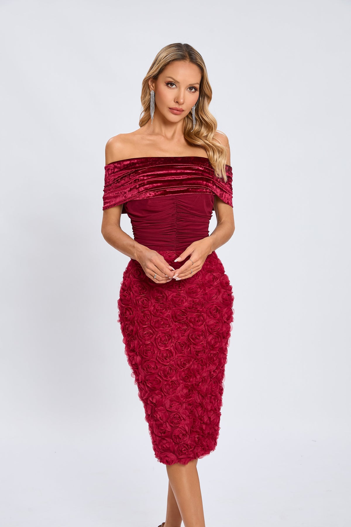 Taylor Kadife Gül Midi Elbise - 7. görünüm