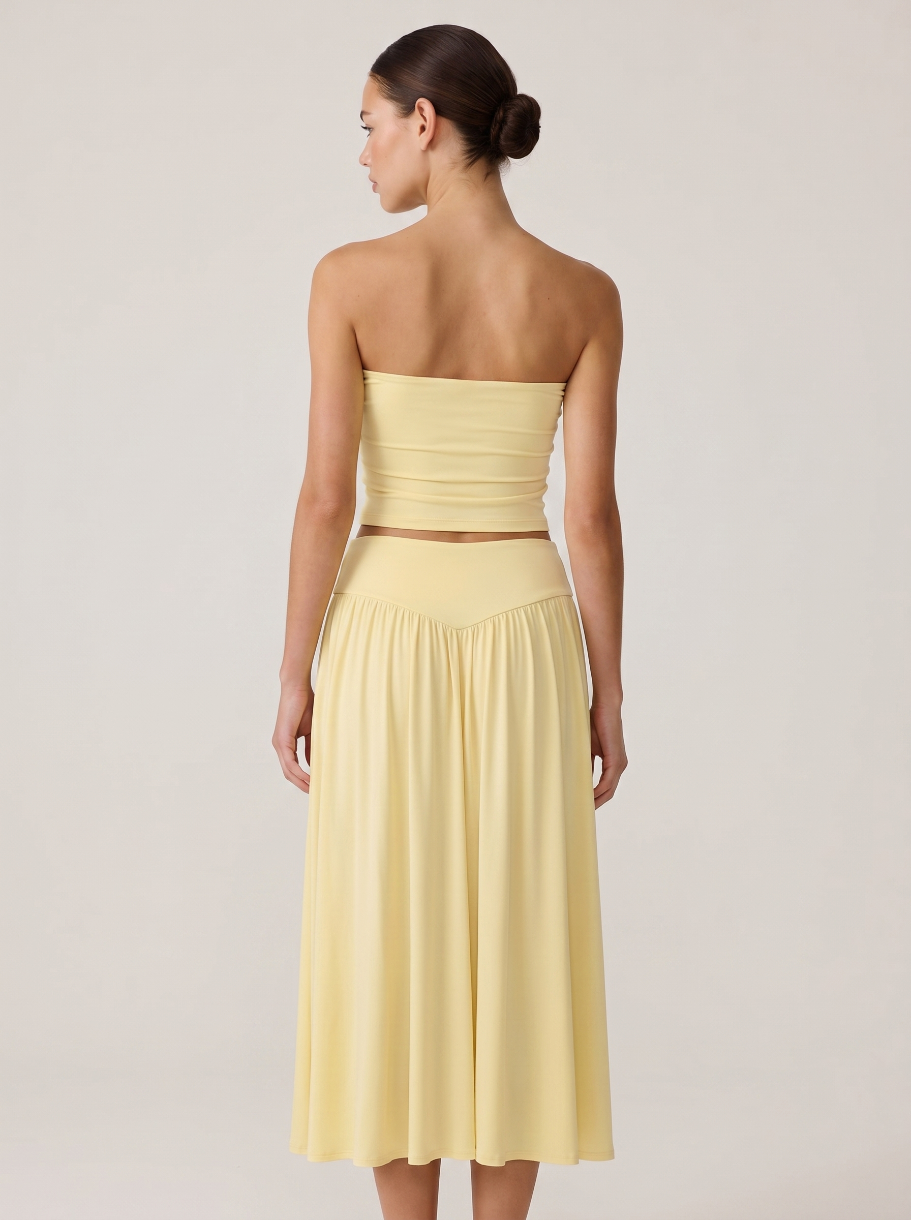 Strapless Knot Bağcıklı Tube Top + Yüksek Bel Curved Yoke Balletcore A-Line Midi Etek Set