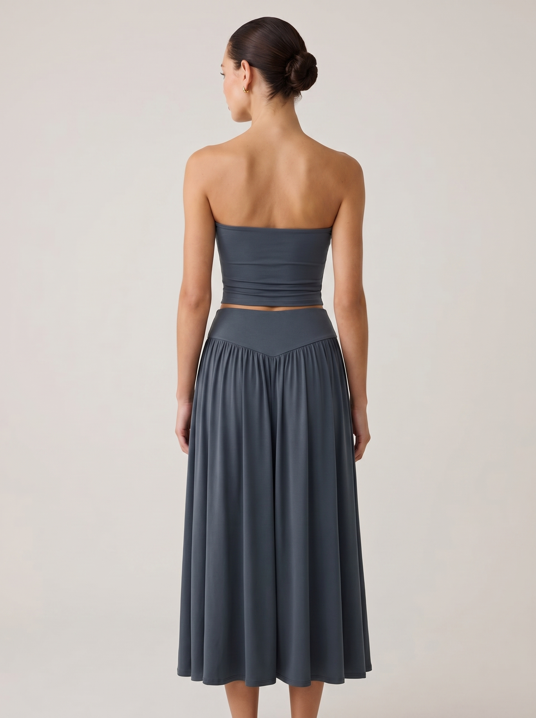 Strapless Knot Bağcıklı Tube Top + Yüksek Bel Curved Yoke Balletcore A-Line Midi Etek Set