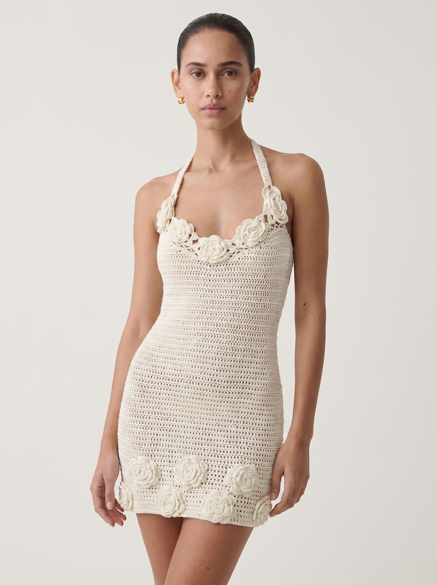 Halter Crochet 3D Gül Aplikeli Açık Sırt Bodycon Macrame Mini Elbise