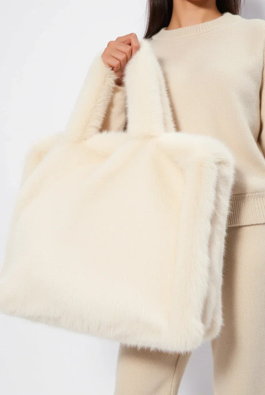 Puffy Peluş Tote Çanta - Krem