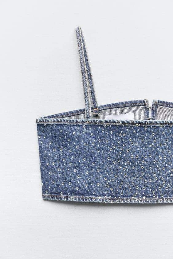 Lena Diamante Denim Crop Top - 6. görünüm