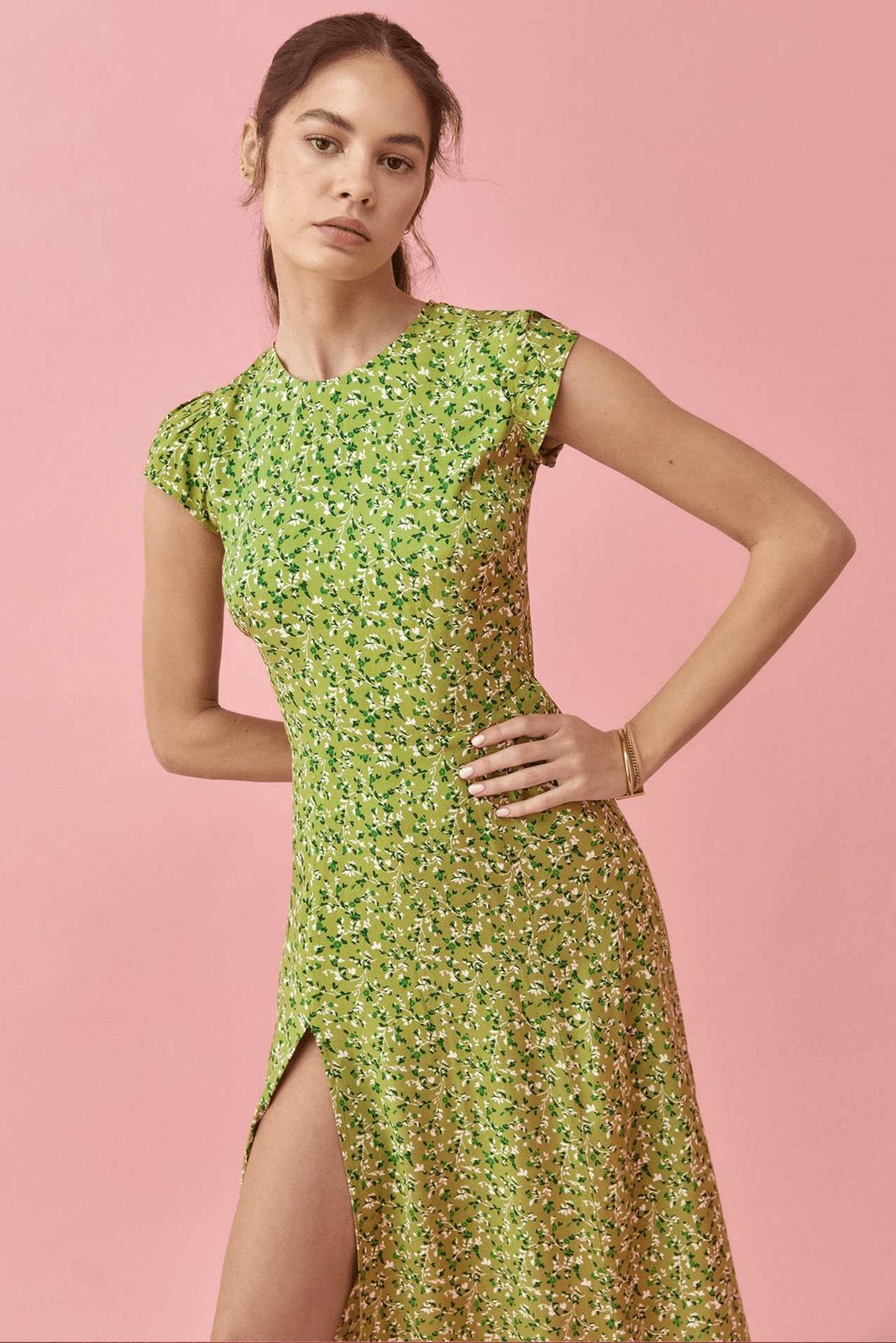 Rachel Baskılı Yuvarlak Yakalı, Yarık, Midi Sundress Midi Elbise