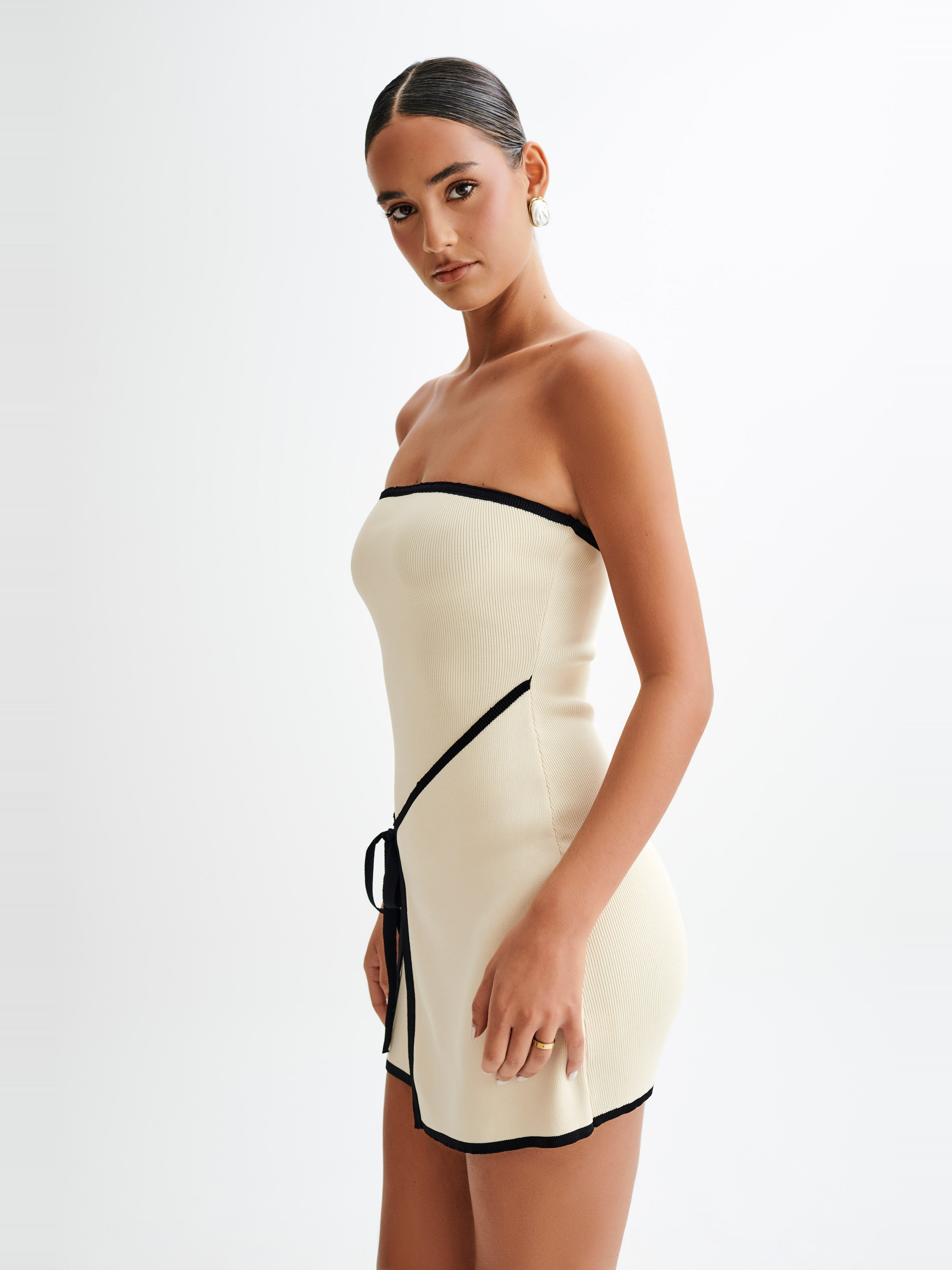 Rian Krem Straplez Triko Mini Elbise