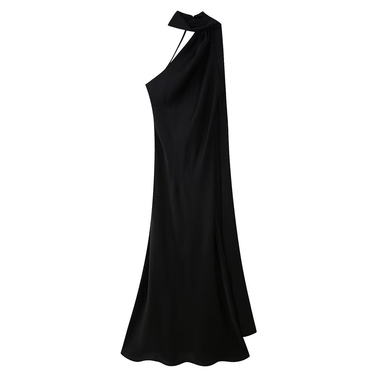 Sırtı Açık Saten Halter Abiye Elbise - Siyah